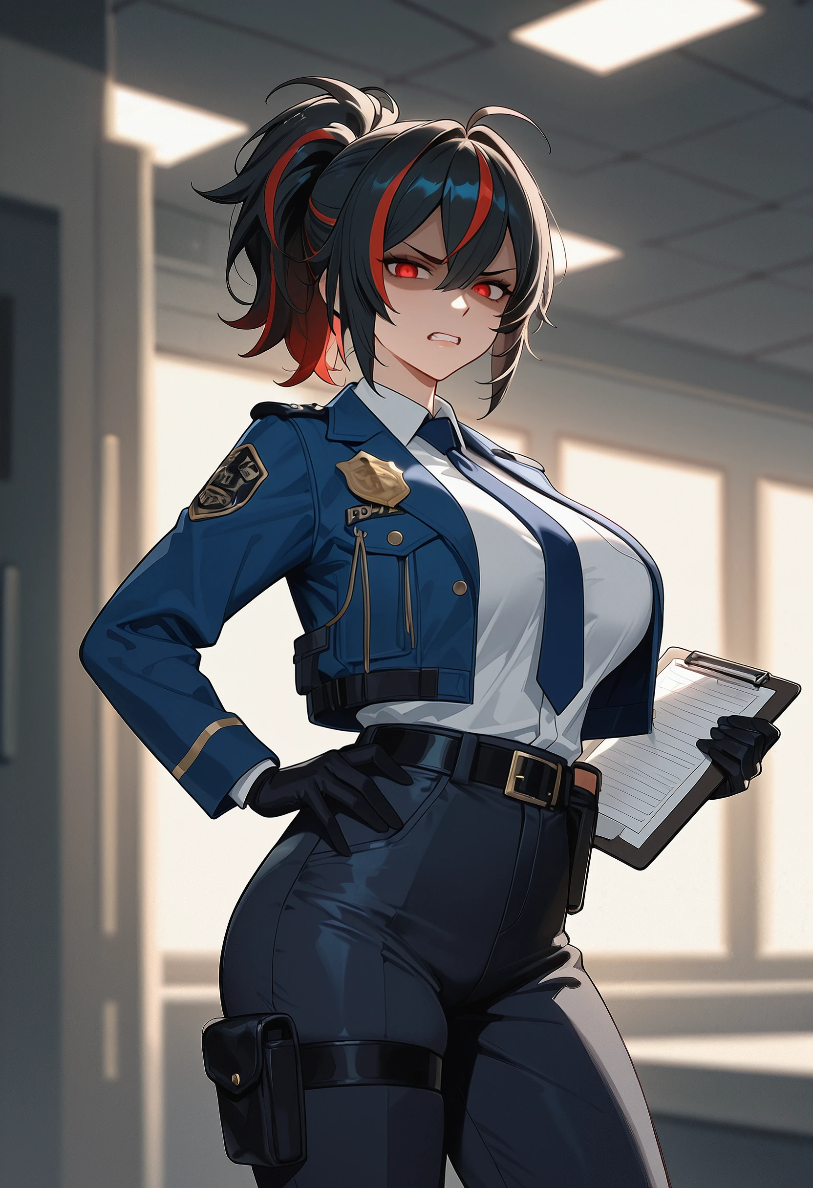 (masterpiece, best quality, ultra detailed, absurdres)1.5, 1girl, (sexy, beautiful woman, perfect face, perfect eyes, perfect female body, kkw-h-bb)1.5, (dolla \(nikke\), dolladef, suit, jacket, black gloves, black pants, necktie, black ankle boots, ), (standing in the middle of a wasteland, science fiction), perfect lighting, smooth, hdr, gigantic breasts