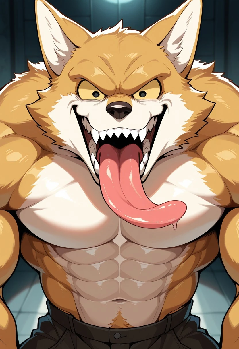 anthro fox, size difference, (fuck from behind:1.5), the one in the front is bend over, orgasm, (facing viewer:1.5), dick too big to fully fit in, rippling chest, large muscles,