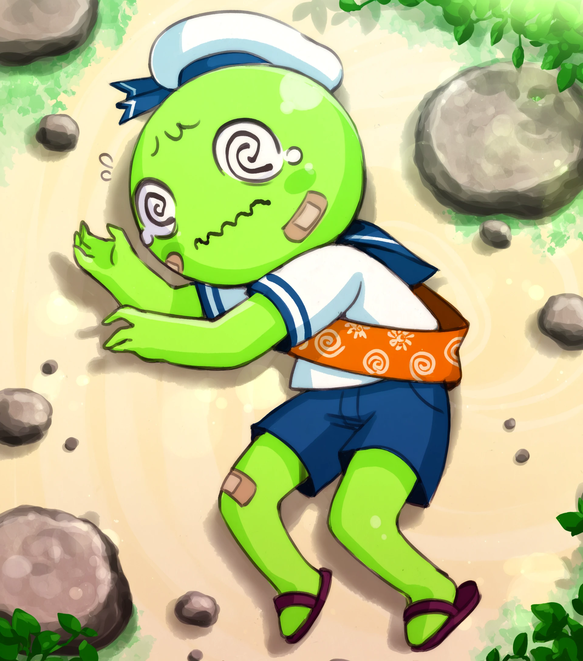 (masterpiece) artist:melonleaf, outdoors, on ground, rock, from above, sleeping, detailed background, scouts \(peak\), solo, serafuku, sailor uniform, sailor hat, sash, bandaid on face, green body, @ @, spiral eyes, wavy mouth, shorts, clothed, sandals, featureless feet, clothing, male, humanoid, <lora:PEAK Boyscouts V1 NOOB:0.8>