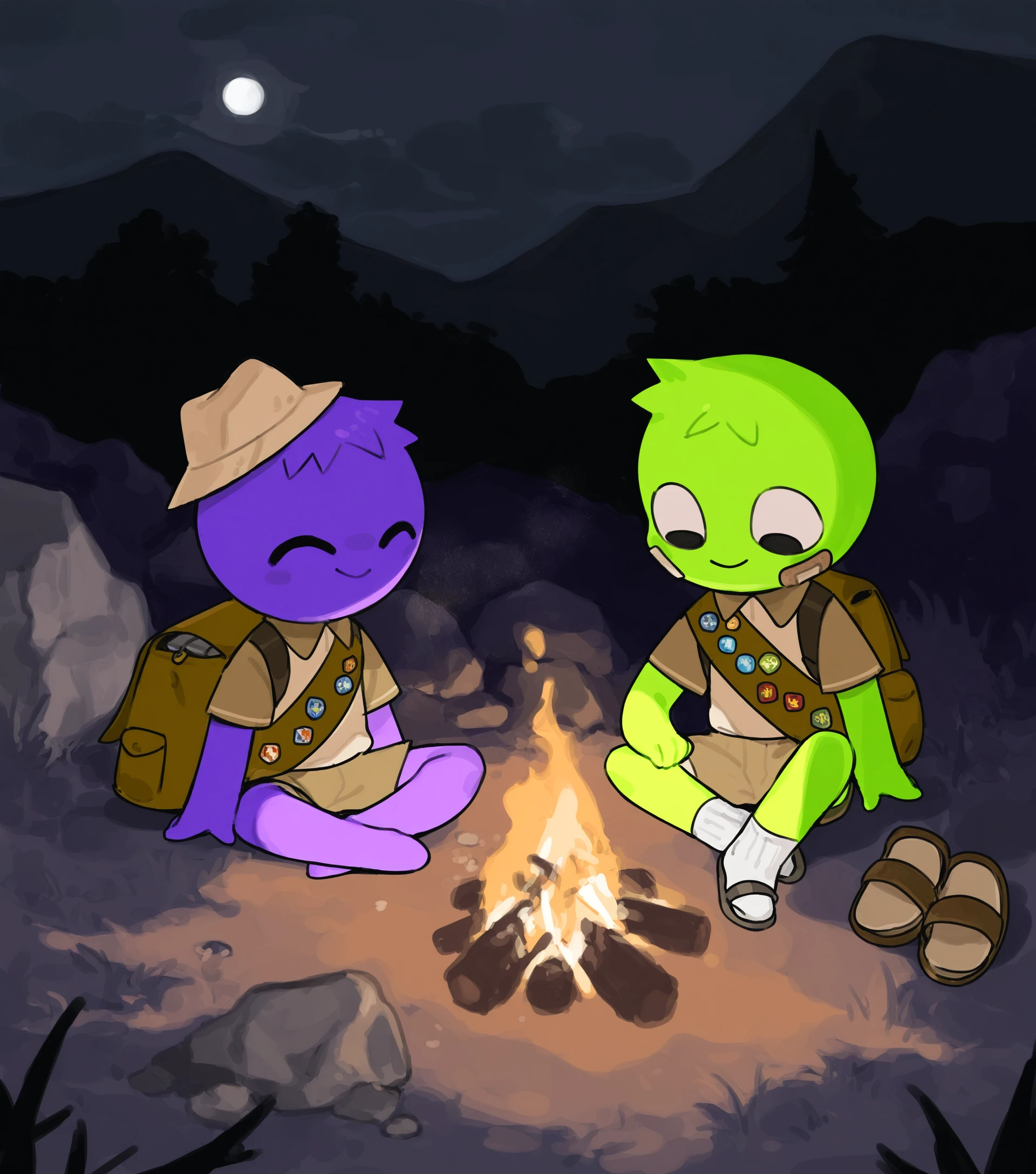 (masterpiece) artist:bebebebebe, outdoors, on ground, night, darkness, dark theme, campfire, rock, crossed legs, detailed background, scouts \(peak\), duo, sash, bandaid on face, happy, smile, head tuft, hat, green body, purple body, backpack, shorts, clothed, sandals, socks, shoes, scout uniform, featureless feet, clothing, male, humanoid, <lora:PEAK Boyscouts V1 NOOB:0.8>