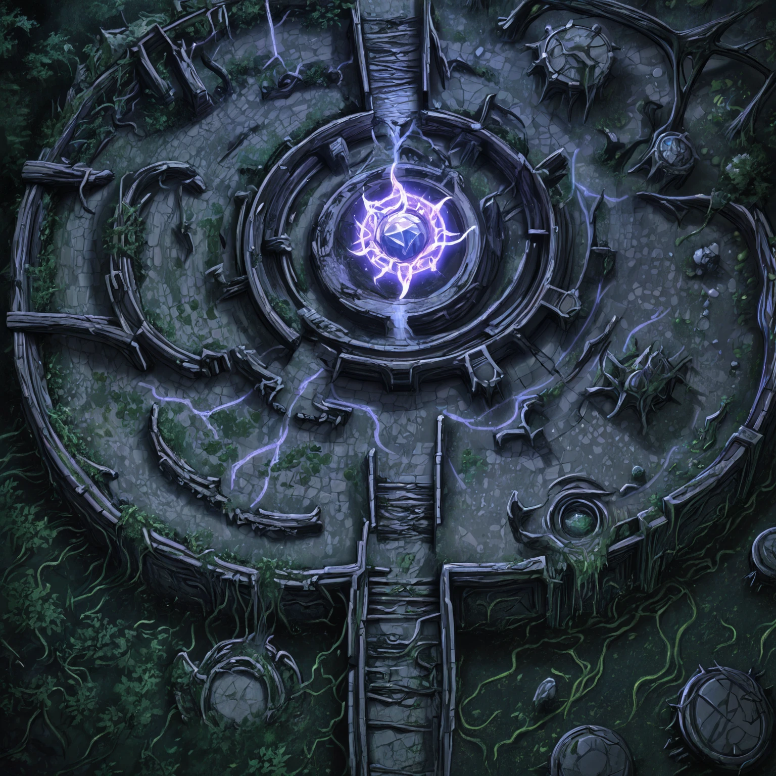 masterpiece, high quality, best quality, <lora:mapcraft_nai_eps_v1:1> mapcraft, battle map, top-down view, from above, exterior, landscape, outdoors, sunken ruins in a swamp, overgrown statues, algae-covered stone, wooden walkways <lora:ShadowMagic_NAI:1> zzShadowMagic, magic portal