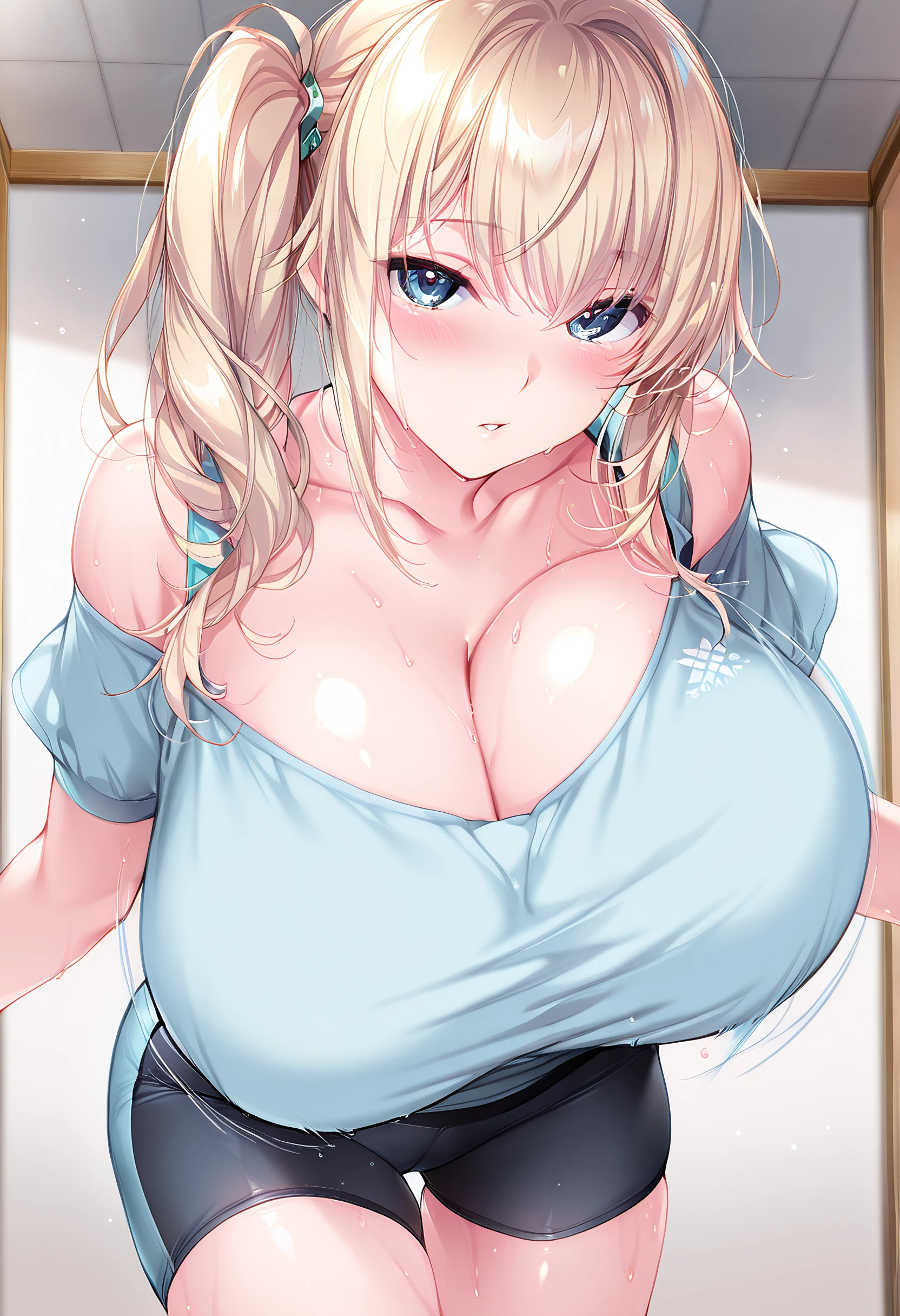 Anime girl, blue eyes, blonder hair, muy voluptuosa, teen, big breast, shy smile, wallpaper, puffy fabric crop top, long pleated skirt with prints, strap, breasts bounce, house