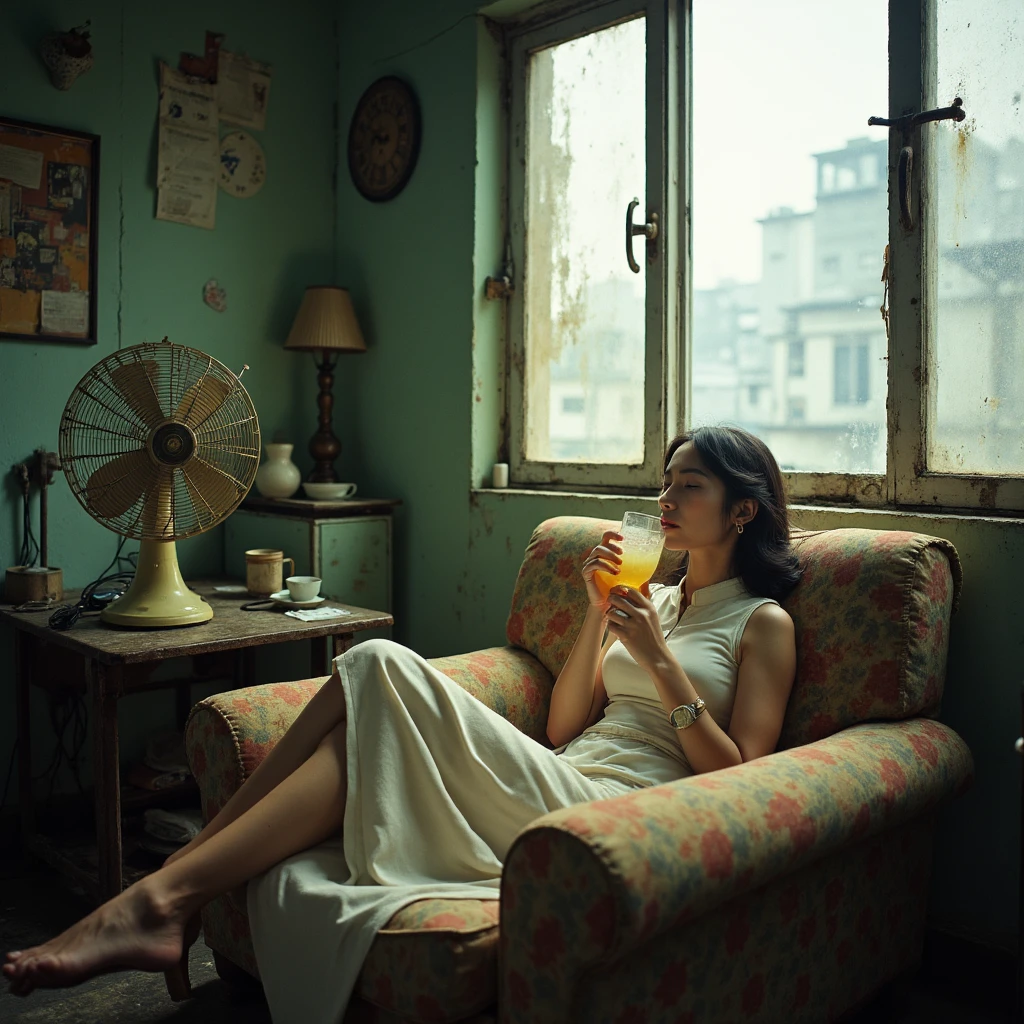 A sweltering summer afternoon in 1980s Kowloon City, Hong Kong. Inside a small, cluttered apartment, the air hangs heavy with humidity. A vintage table fan whirs at full speed on a makeshift stand, its blades barely disturbing the still, hot air. A woman, dressed in a light cotton cheongsam, reclines on a worn, floral-patterned sofa, her eyes half-closed. She slowly sips a glass of iced lemonade, condensation beading on the glass. The room is dimly lit by the diffused, hazy light filtering through a grimy window, offering a glimpse of densely packed buildings outside. The ambiance is one of stifling heat and quiet endurance, a common scene in 1980s urban Hong Kong, c0mix2