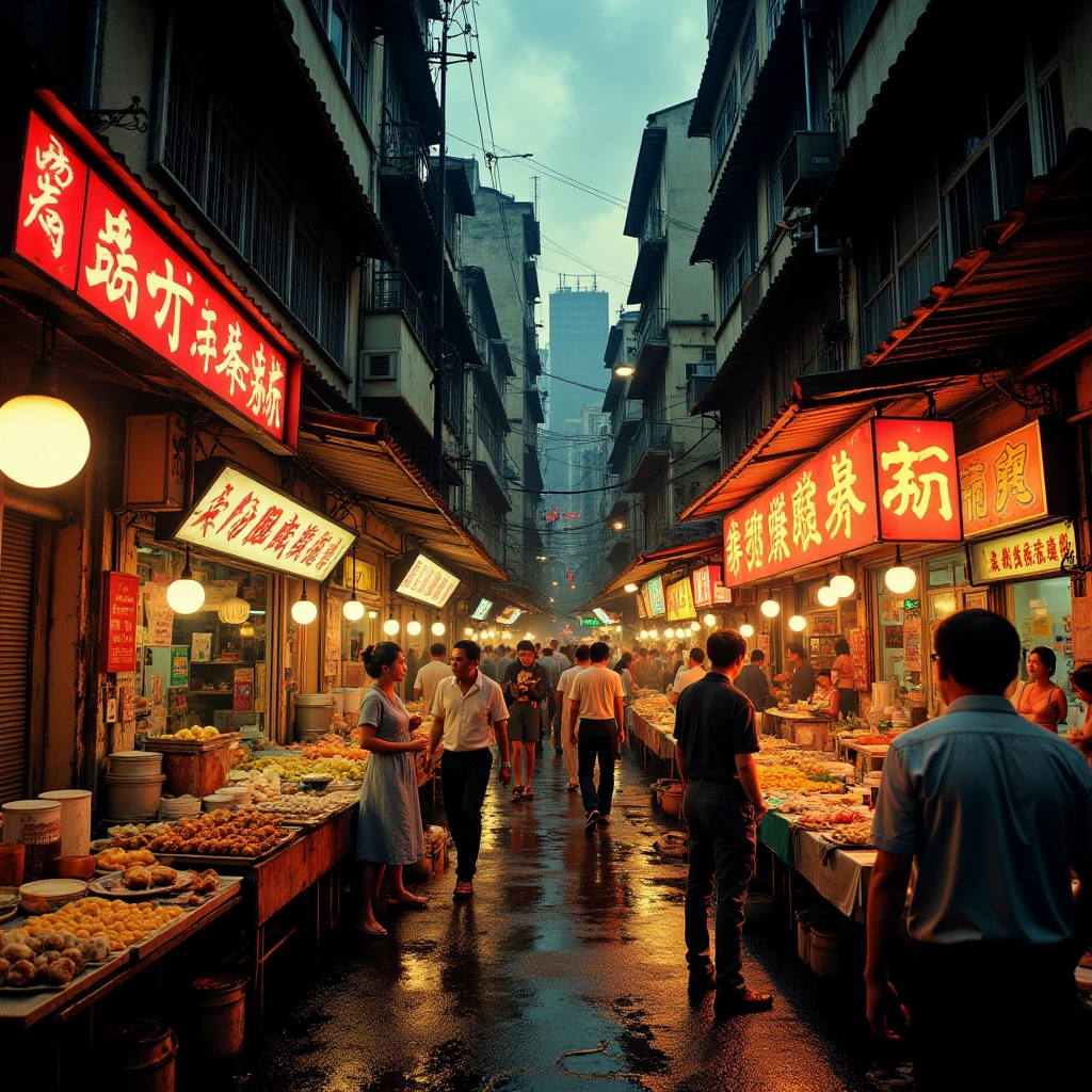 A majestic wide shot captures the electric atmosphere of a bustling night market in Kowloon City, Hong Kong, circa 1980s. Neon signs in traditional Chinese characters glow vibrantly, casting reflections on the wet ground. The air is thick with the aroma of street food – sizzling satay, steaming dim sum, and sweet egg waffles. Dense crowds of locals and tourists weave through narrow aisles, haggling with street vendors selling everything from pirated cassettes to silk garments. Dilapidated tenement buildings with laundry hanging from balconies loom overhead, contrasting with the vibrant ground-level activity. The constant din of chatter, hawkers' calls, and distant traffic creates a truly immersive and chaotic yet captivating ambiance, c0mix2
