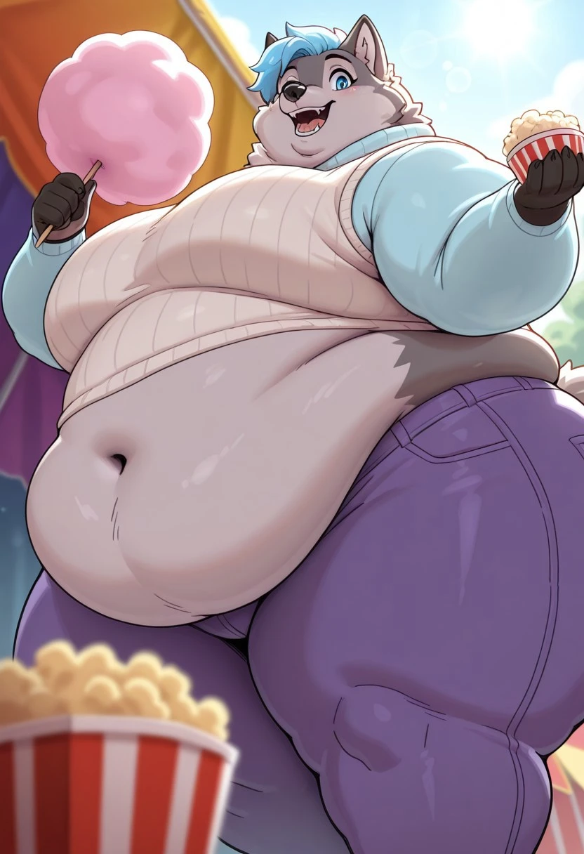 best quality, amazing quality, very aesthetic, 1boy, solo, Furry, Obese, Fat Male, Anthropomorphic Wolf, Gray Fur, Blue Hair, blue eyes, Short Hair, white sweater vest, blue long sleeve shirt, purple jeans, holding snacks, popcorn, cotton candy
BREAK close up, standing, carnival, carnival tents, balloons, dynamic view, smiling, day
BREAK natural lighting, depth of field, blurry foreground, bloom, backlighting, lens flare, motion blur, very awa, masterpiece, best quality, absurdres, newest, perfect quality, detailed background, intricate details, detailed background, masterpiece, best quality, absurdres, newest, perfect quality, best quality, intricate details, highres, 4k quality, HD, newest, P4nth3r4dr4w5, civifur