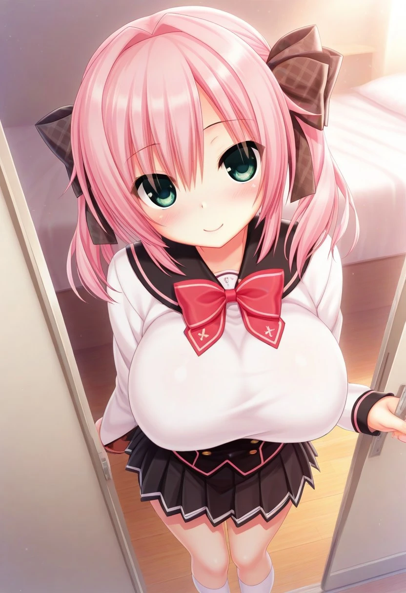(best quality, masterpiece:1.2), illustrations, a cute girl, cute face, kawaii, early teens, very lovingly face, twintails, pink hair, small breasts, maid wear, (intense sex:1.3), (girl on top, cowgirl position, vaginal ?????:1.2), both hands on viewer, cum out, BREAK (orgasm face, closed eyes, aroused, open mouth, gasp, blush cheeks, saliva trail:1.2), bedroom, bed, from below,