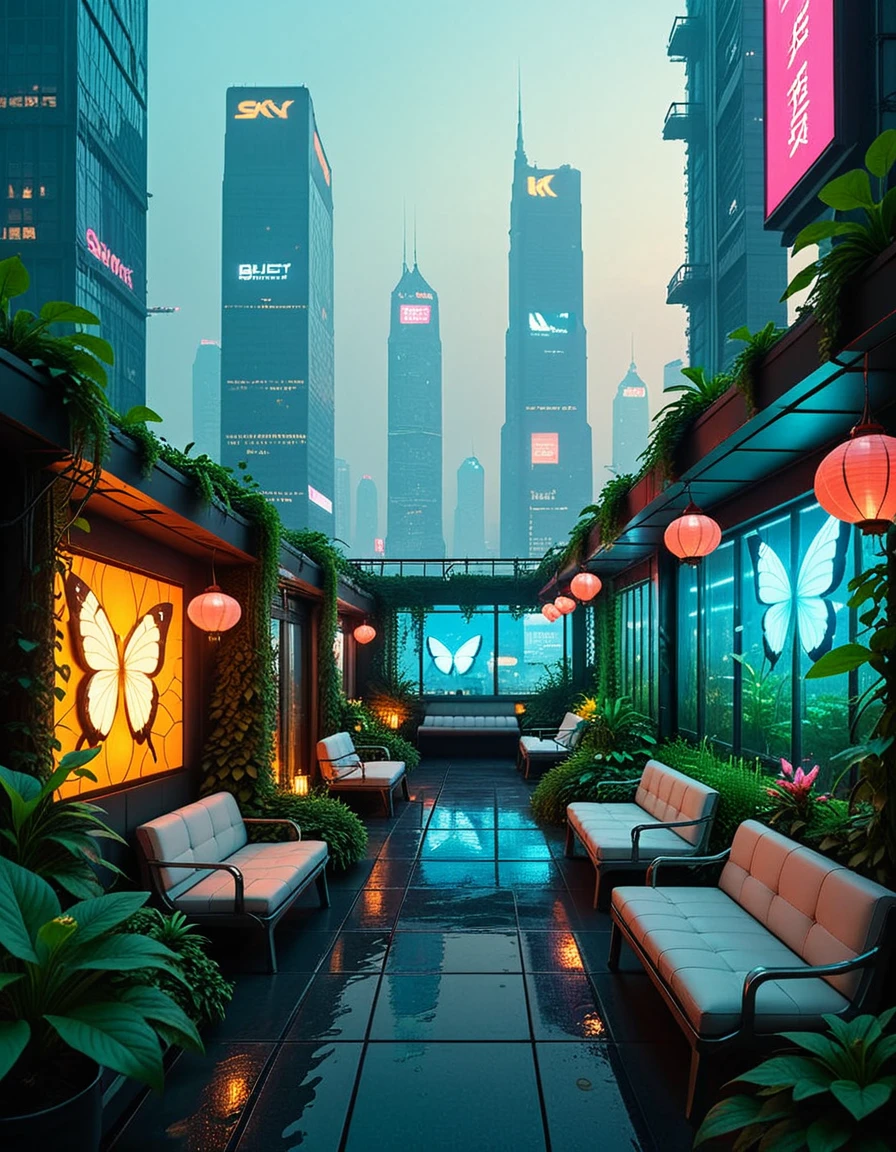A hidden rooftop garden sanctuary in the heart of a sprawling cyberpunk metropolis, surrounded by towering skyscrapers and glowing neon billboards. The garden is lush and overgrown with bioluminescent plants, hydroponic vines, and high-tech greenhouse structures made of glass and chrome. Soft ambient lights line the walkways, and digital butterflies flit among the foliage. Futuristic benches, glowing koi ponds, and hanging lanterns create a tranquil atmosphere above the chaotic city below. The sky is hazy with smog, illuminated by distant flying vehicles and holographic ads. No people are present.
<lora:hidden_rooftop_garden_s4nctu4ry:1>hidden rooftop garden s4nctu4ry, Masterpiece,best quality,hi res,8k,hi res,8k,award winning,(sharp focus, intricate, highly detailed),