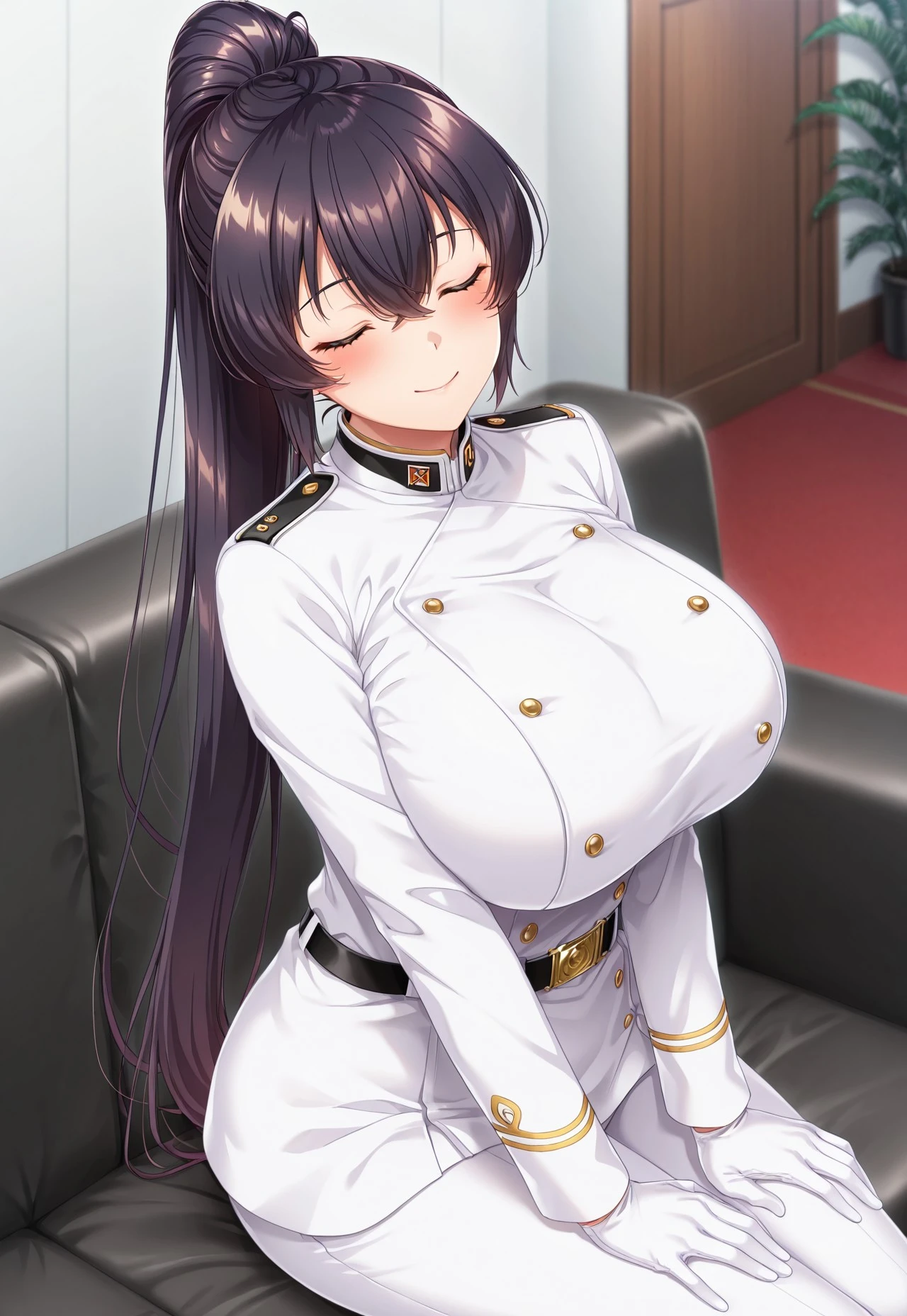 (masterpiece),(Highest quality),(Super detailed),(Best illustrations),(Best Shadow),(Absurd),(Detailed Background),(so beautiful), Ikaruga(sk), Black Hair, Long Hair, Iris, Huge breasts, uniform, Black Pantyhose, smile, View your viewers, Hands on hips, White Uniform, Sexy pose　Completely naked　Sex