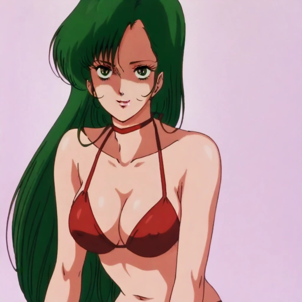NSFW, masterpiece, (best quality: 1.2), long hair, blue eyes, green hair, big breasts, evil_smile, sexy, ((red lipstick, fishnet stocking)),, ((micro bikini, cow, gray bell)), cum shot