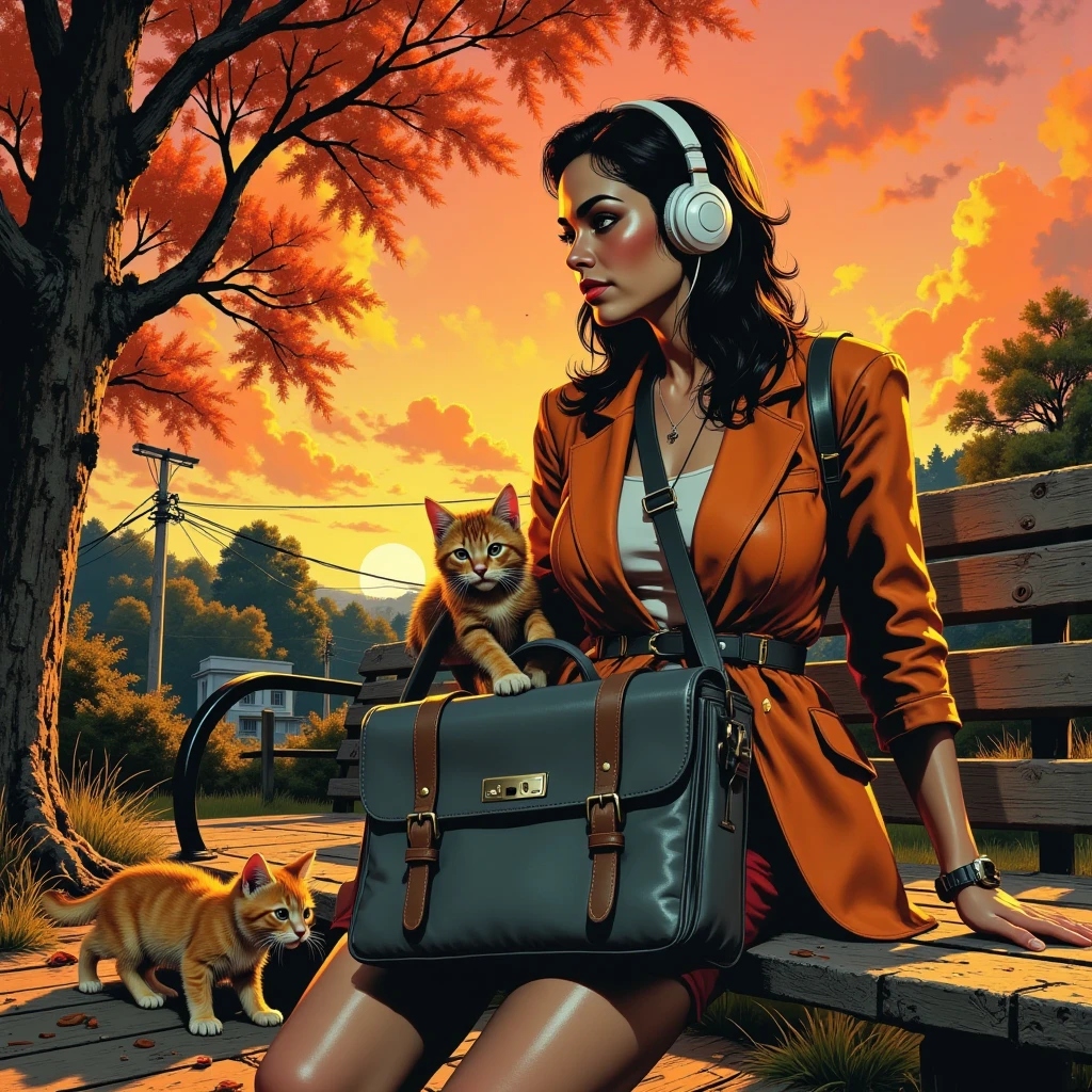 illustration depicting the style of 1980s, Miranda, a contemplative brunette office worker, mid-20s, finding solace on a weathered wooden park bench during a breathtaking autumn sunset. The fading light paints the scene in hues of amber and soft violet. She's completely lost in the melodies from her walkman casette player, white headphones discreetly in place. Her structured, charcoal grey work bag lies beside her, becoming an irresistible playground for two tiny, curious ginger kittens. They're playfully batting and wrestling with its leather tassels and the shiny buckle of its strap, adding a touch of playful chaos to her serene moment of respite. c0mix2