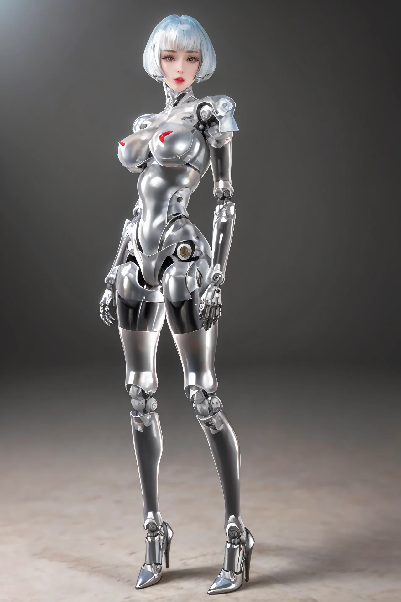 (Muscular:1.8), (thick thighs:1), (large round breasts:1), (large muscular chest and shoulders:1.4), FEMALE, brown hair, long brown hair, (big smile:0), (tight mecha arm, tall cute silver cyborg:1.5), looking at viewer, (three quarter view:1.3), upper body view, (lab:1.5), dark lighting, detailed skin, detailed eyes, (dark skin:1.), (very thin waist:1.6), (huge round muscles:1.5), (one protagonist:1.5),