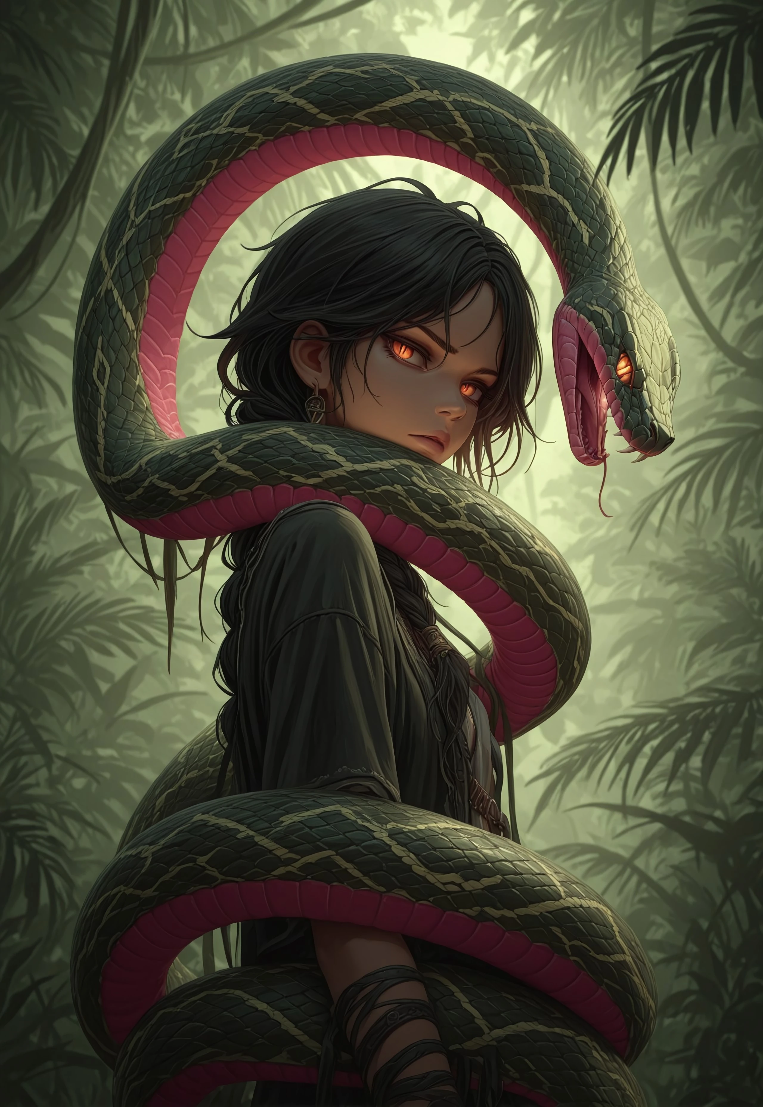 (((ultra detailed, masterpiece, high quality, )))
, 
((( Entsermb2, serpent wrapping body, serpent coiled around, serpent entangled, serpent embrace, large serpent, mystical serpent,  )))
,
((( 1girl, solo, )))
,
((( beautiful, pretty )))
,
((( outdoors, jungle)))
,
((( )))

((( )))
