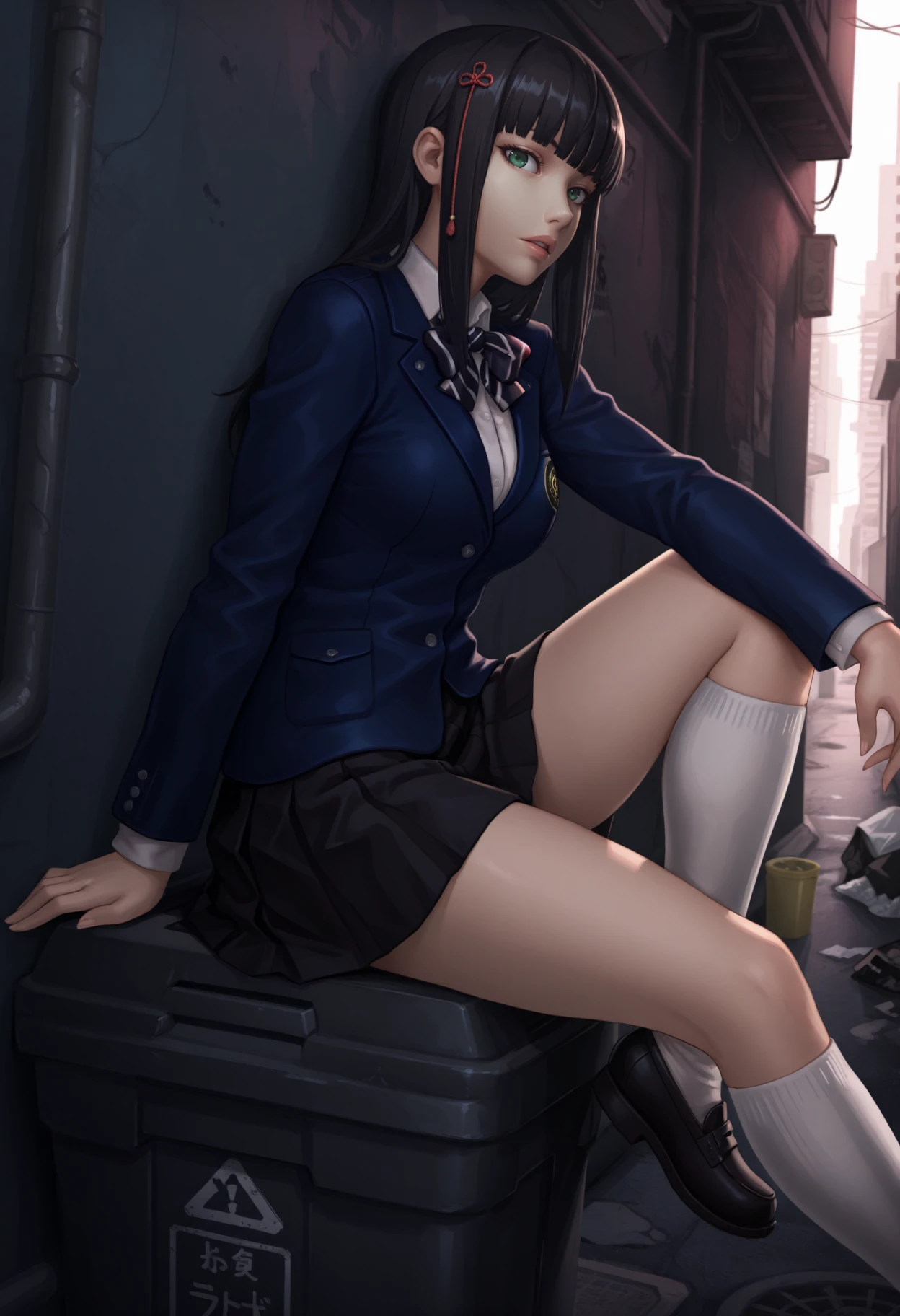 score_9, score_8_up, score_7_up, score_6_up, score_5_up, score_4_up, BREAK source_anime, 1girl, solo,
ChopioCaitlyn, blue hair, shiny hair, blue eyes, looking at viewer,
medium breasts,
long hair, straight hair, parted hair, asymmetrical bangs,
skirt suit, three-piece suit, necktie, blazer, waistcoat, double-breasted waistcoat, bodycon pencil skirt, stockings, high heels,