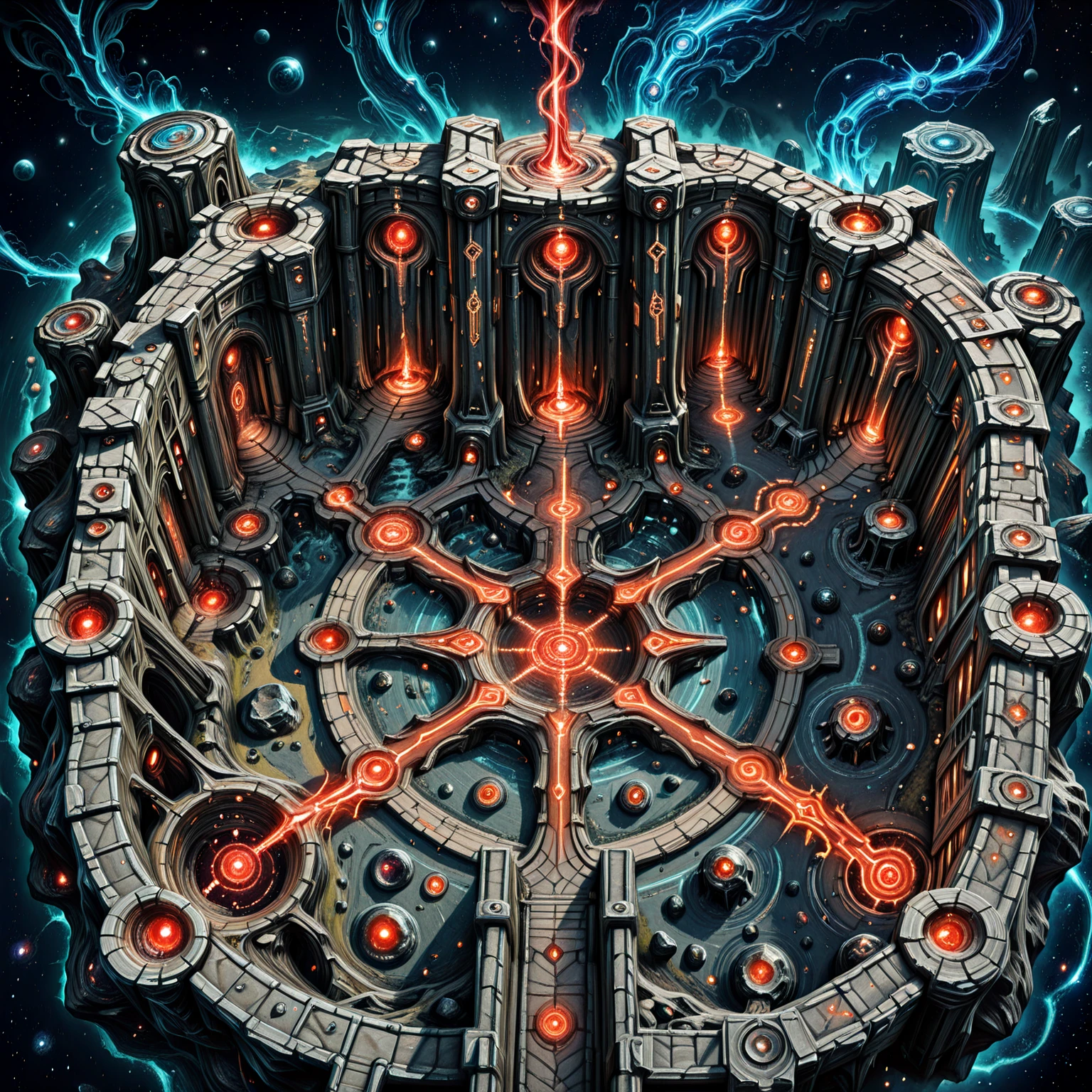 masterpiece, high quality, best quality, <lora:mapcraft_il_v1:1> mapcraft, battle map, top-down view, from above, no humans, exterior, landscape, outdoors, floating stone platforms, magical bridges, glowing glyphs, arcane tomes, void below, space background, fantasy library <lora:ral-dark-fantasy-il:0.5> dark fantasy, mythology, apocalyptic visions, eldritch horror