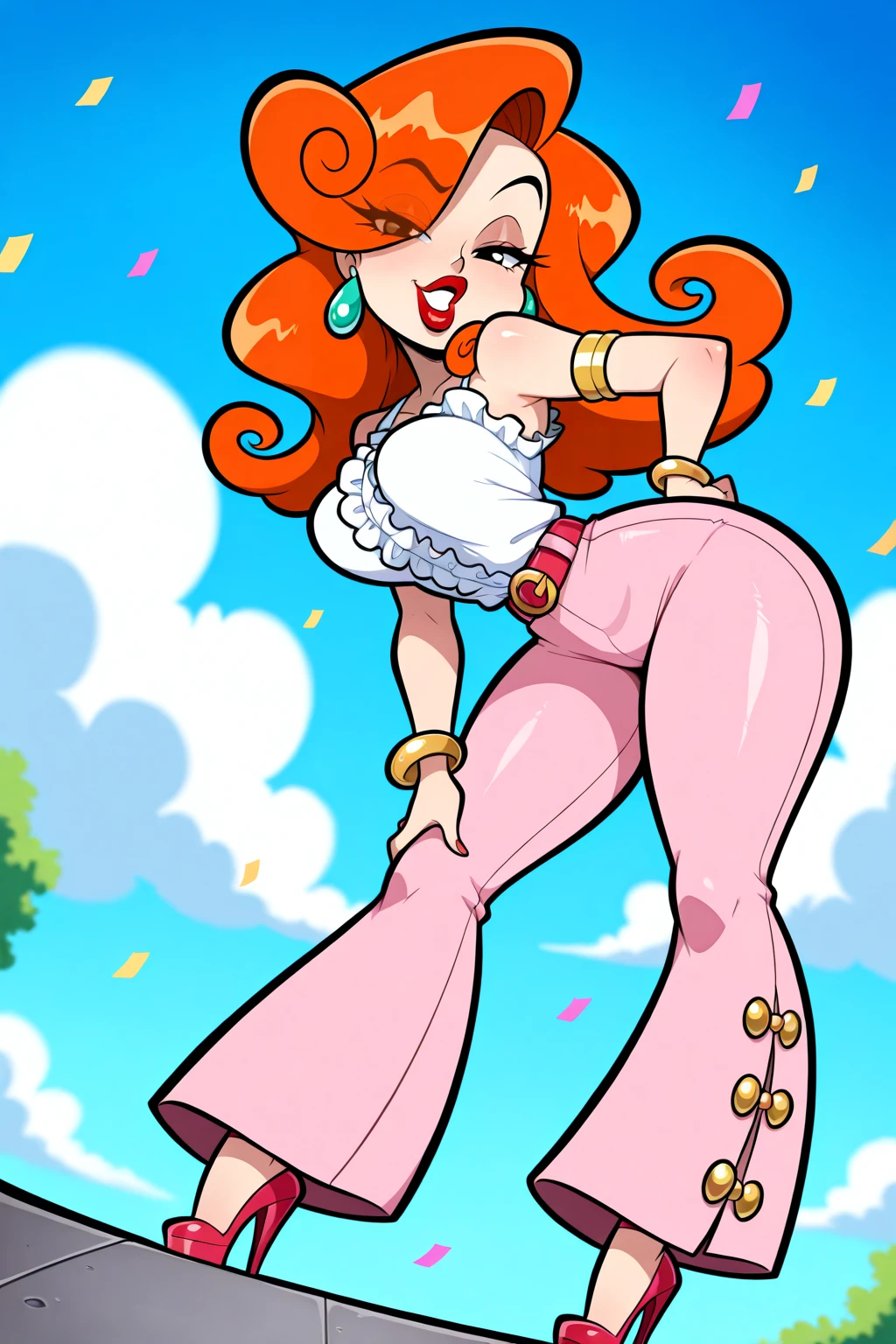score_9, score_8_up, score_7_up, score_6_up, BREAK source_cartoon, 1girl, red hair, long hair, hair over one eye, green eyes, lipstick, makeup, earrings, BREAK ((wearing a white tshirt)), best quality, expressive eyes, (abstract background:1.5), abstract background, realistic, 1girl, solo. looking at viewer, smile, (big hips), hourglass body, happy, thigh gap, lips, red lips, lipstick, BREAK (jeans), parted lips,nail polish, ((narrow waist)), looking at viewer, thighs, Mixed_artstyle