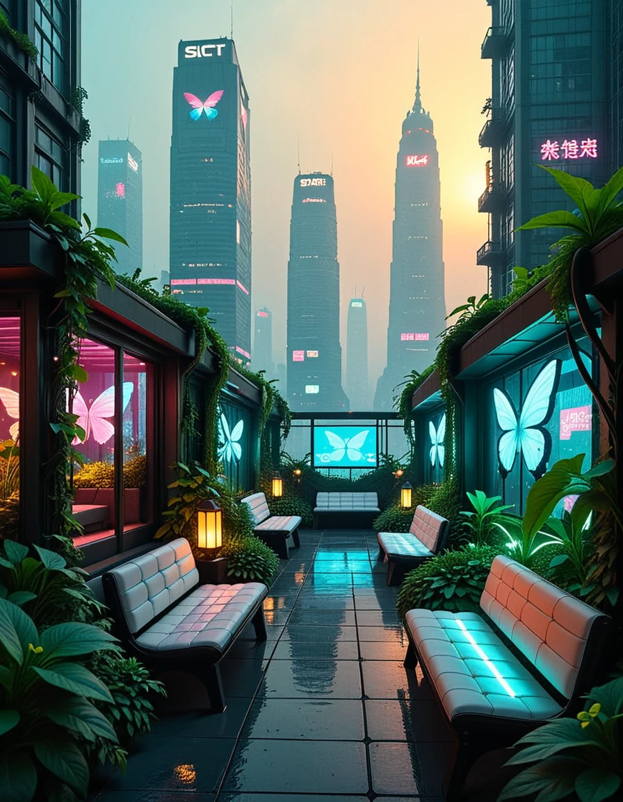 A hidden rooftop garden sanctuary in the heart of a sprawling cyberpunk metropolis, surrounded by towering skyscrapers and glowing neon billboards. The garden is lush and overgrown with bioluminescent plants, hydroponic vines, and high-tech greenhouse structures made of glass and chrome. Soft ambient lights line the walkways, and digital butterflies flit among the foliage. Futuristic benches, glowing koi ponds, and hanging lanterns create a tranquil atmosphere above the chaotic city below. The sky is hazy with smog, illuminated by distant flying vehicles and holographic ads. No people are present.
<lora:hidden_rooftop_garden_s4nctu4ry:1>hidden rooftop garden s4nctu4ry, Masterpiece,best quality,hi res,8k,hi res,8k,award winning,(sharp focus, intricate, highly detailed),