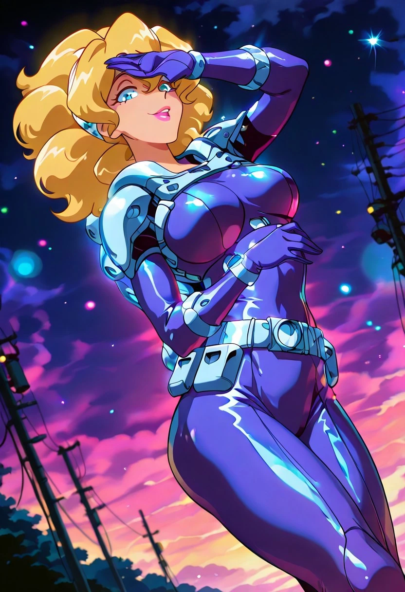 LadyLunaTS, 1girl, solo, tall woman, blonde hair, thick voluminous hair, shoulder-length wavy hair, bangs, bangs covering forehead, white headband with blue stars, blue eyes, full lips, pink lipstick, purplish-blue spacesuit, jetpack, belt, armor, wide hips, large breast, curvy thighs, large butt, boots, gloves, bodysuit,
masterpiece, best quality, fine details, intricate details, depth of field, subsurface scattering, bokeh, ultra-detailed, very aesthetic, detailed background, newest, scenery, highres, absurdres, colorful, vibrant, glowing, perfect face, 2d, perfect eyes, vibrant saturated colors, volumetric lighting, sharp, detailed eyes, perfect anatomy, perfect face, perfect eyes, mature body, clear eyes, beautiful eyes, athletic, curvy body, athletic girl, perky tits, perfect tits, round breasts, pinup pose, teasing, lustful expression, perfect hands,
muscular female, dutch angle, dynamic pose,
,Smooth Negative, Smooth_Quality,
retro_celestial_scifi, retro artstyle