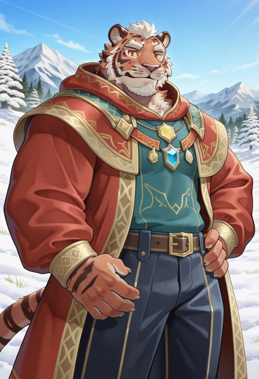 safe for work, no naughty stuff, rating_safe, solo, perfect anatomy, masterpiece, best quality, absurdres, highly detailed, furry male, tiger boy, mature male, 5 fingers
Remaias, Crave Saga, red eyes, yellow sclera, short hair, perfect face, sweater, velvet trousers, baggy garments, hand on hip, cowboy shot, snow background, muscular