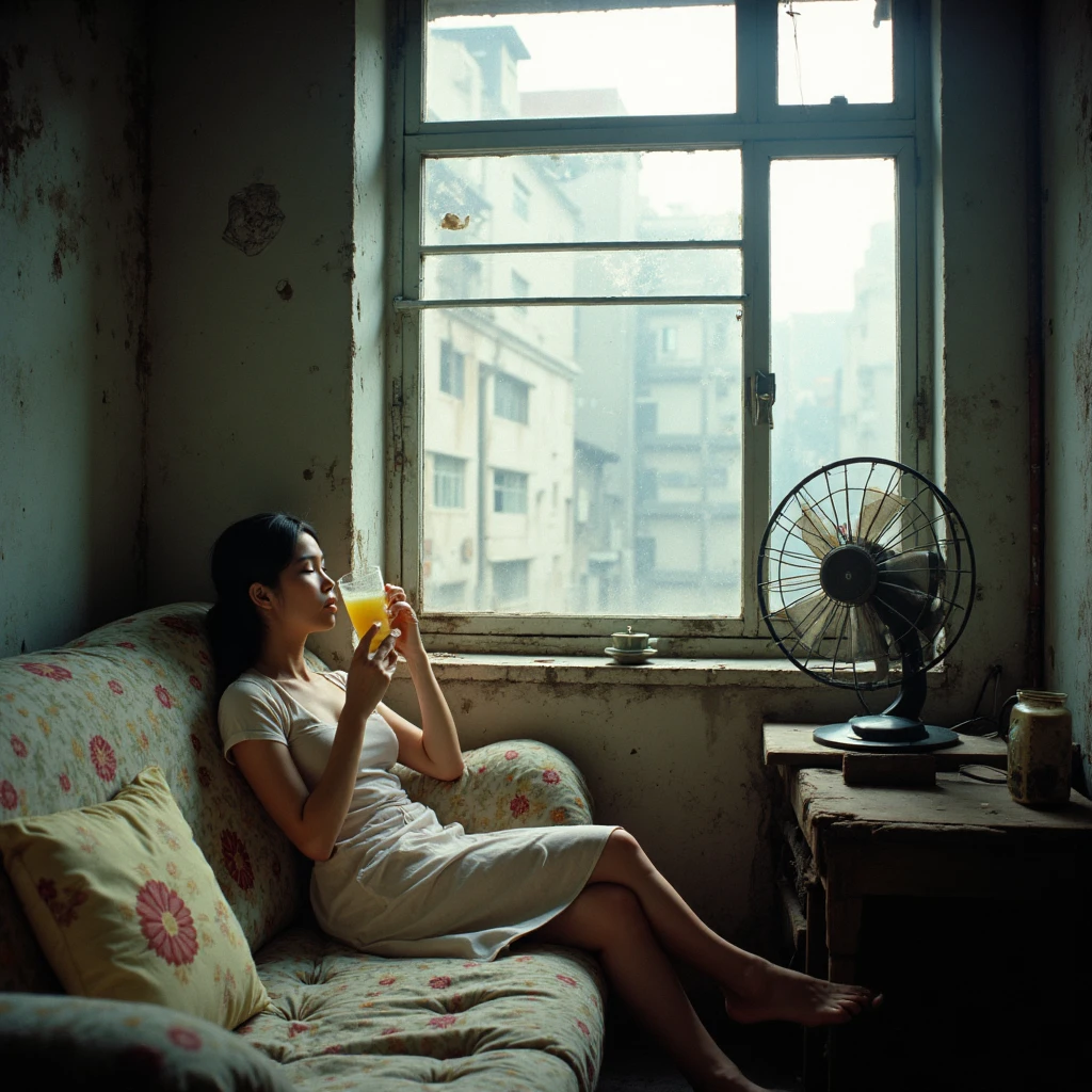 A sweltering summer afternoon in 1980s Kowloon City, Hong Kong. Inside a small, cluttered apartment, the air hangs heavy with humidity. A vintage table fan whirs at full speed on a makeshift stand, its blades barely disturbing the still, hot air. A woman, dressed in a light cotton cheongsam, reclines on a worn, floral-patterned sofa, her eyes half-closed. She slowly sips a glass of iced lemonade, condensation beading on the glass. The room is dimly lit by the diffused, hazy light filtering through a grimy window, offering a glimpse of densely packed buildings outside. The ambiance is one of stifling heat and quiet endurance, a common scene in 1980s urban Hong Kong, c0mix2