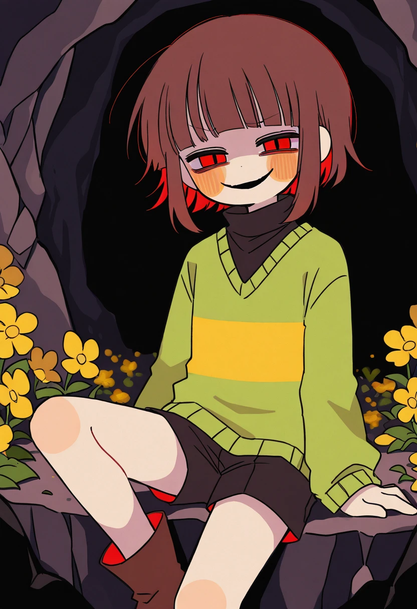 masterpiece, best quality, 1girl, red eyes, floating hair, striped shirt, t-shirt, brown shorts, outside, standing, chara, chara \(undertale\), evil smile, teenage, (small pupils, outstretched arms, constricted pupils, shaded face, one stripe:1.3), energy, dark aura, heart necklace, outdoors, flower field, yellow flower, blood splatter, light blush, looking at viewer, close-up, from below, darkness, <lora:ChumpChoo_Char_Chara:0.7>, <lora:add_detail:1>, <lora:GoodHands-vanilla:1>,  <lora:Constricted Pupils5:1>