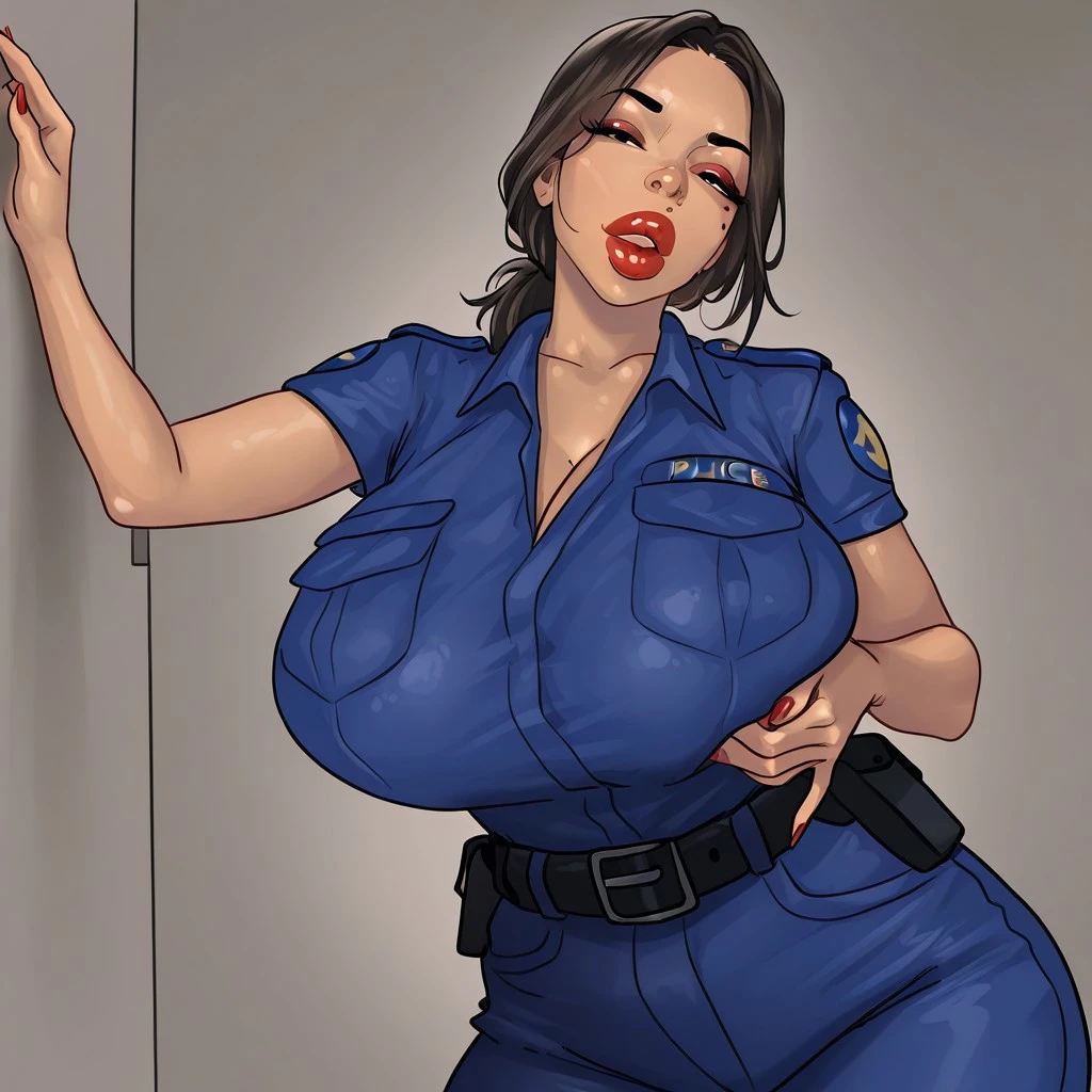 Jenny-pokemon sitting on bed, goregous police woman, sitting, perfect legs ((arms behind back)) unbutton shirt, busty, colossal cleavage, lipstick, smiling, police cap ((plain background:1.3))
