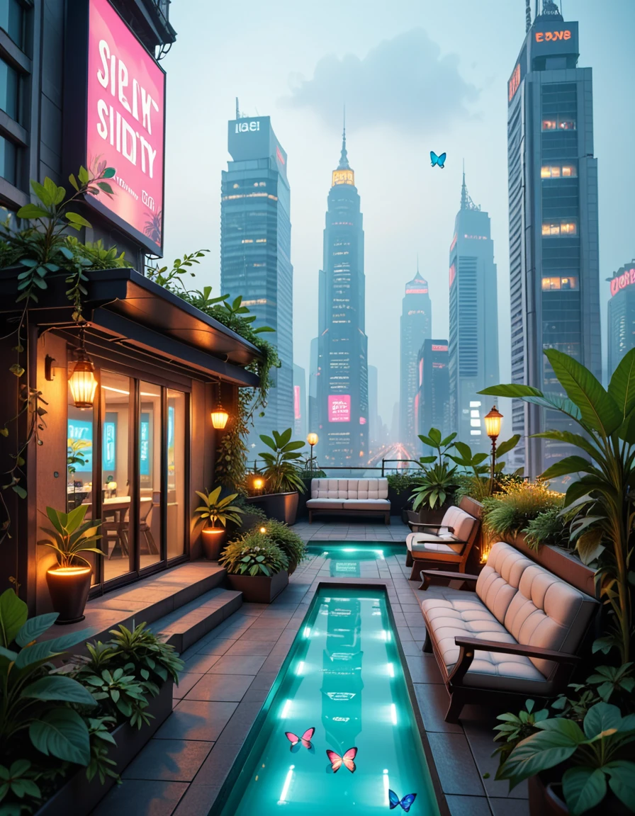A hidden rooftop garden sanctuary in the heart of a sprawling cyberpunk metropolis, surrounded by towering skyscrapers and glowing neon billboards. The garden is lush and overgrown with bioluminescent plants, hydroponic vines, and high-tech greenhouse structures made of glass and chrome. Soft ambient lights line the walkways, and digital butterflies flit among the foliage. Futuristic benches, glowing koi ponds, and hanging lanterns create a tranquil atmosphere above the chaotic city below. The sky is hazy with smog, illuminated by distant flying vehicles and holographic ads. No people are present.hidden rooftop garden s4nctu4ry, <lora:hidden_rooftop_garden_s4nctu4ry-p:1>,score_9, score_8_up, score_7_up,amazing quality, ultra realistic, 3D, HD, best quality, amazing quality, very aesthetic, absurdres
