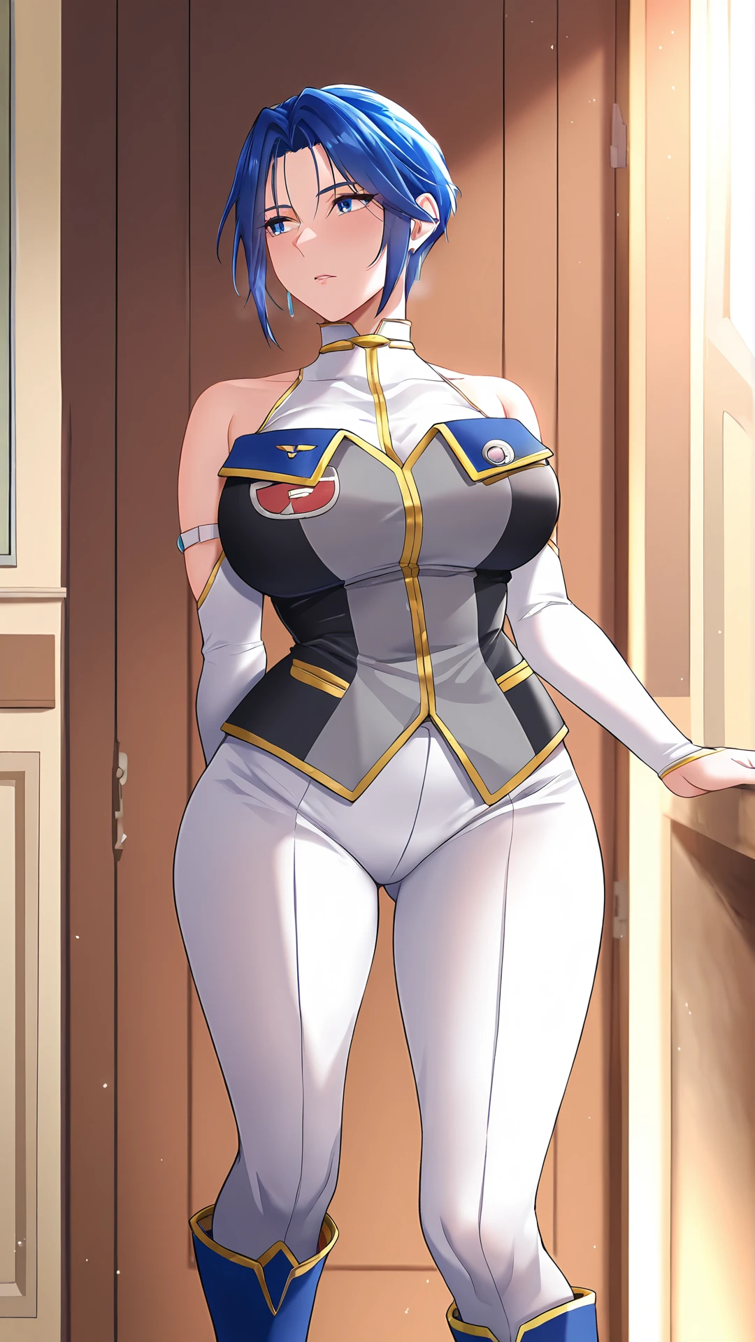 masterpiece, best quality, woman, black eyes, folded ponytail, white long coat, coat on shoulders,white navy soldier uniform ,epaulettes, purple shirt, blue pants, upper body, looking at viewer, large breasts, ocean, city ,(hd), (full body shot), (high resolution)