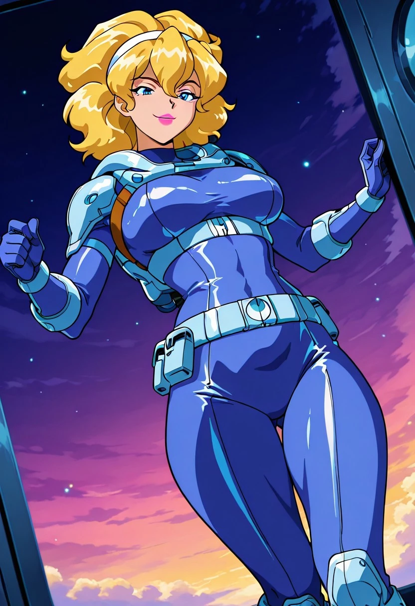 LadyLunaTS, 1girl, solo, tall woman, blonde hair, thick voluminous hair, shoulder-length wavy hair, bangs, bangs covering forehead, white headband with blue stars, blue eyes, full lips, pink lipstick, purplish-blue spacesuit, jetpack, belt, armor, wide hips, large breast, curvy thighs, large butt, boots, gloves, bodysuit,
masterpiece, best quality, fine details, intricate details, depth of field, subsurface scattering, bokeh, ultra-detailed, very aesthetic, detailed background, newest, scenery, highres, absurdres, colorful, vibrant, glowing, perfect face, 2d, perfect eyes, vibrant saturated colors, volumetric lighting, sharp, detailed eyes, perfect anatomy, perfect face, perfect eyes, mature body, clear eyes, beautiful eyes, athletic, curvy body, athletic girl, perky tits, perfect tits, round breasts, pinup pose, teasing, lustful expression, perfect hands,
muscular female, dutch angle, dynamic pose,
,Smooth Negative, Smooth_Quality,
90s_anime_aesthetic, 1990s (style), retro, retro artstyle