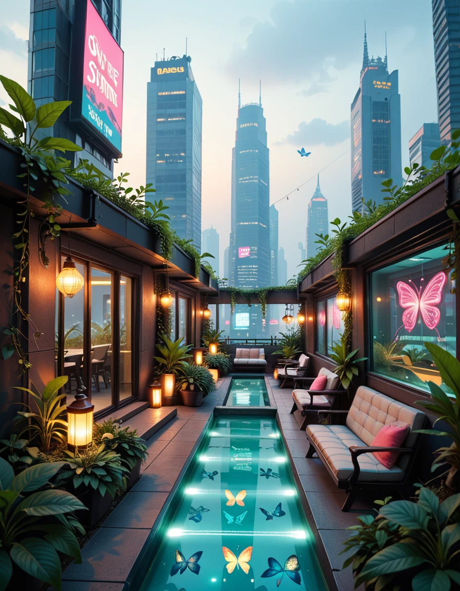 A hidden rooftop garden sanctuary in the heart of a sprawling cyberpunk metropolis, surrounded by towering skyscrapers and glowing neon billboards. The garden is lush and overgrown with bioluminescent plants, hydroponic vines, and high-tech greenhouse structures made of glass and chrome. Soft ambient lights line the walkways, and digital butterflies flit among the foliage. Futuristic benches, glowing koi ponds, and hanging lanterns create a tranquil atmosphere above the chaotic city below. The sky is hazy with smog, illuminated by distant flying vehicles and holographic ads. No people are present.hidden rooftop garden s4nctu4ry, <lora:hidden_rooftop_garden_s4nctu4ry-p:1>,score_9, score_8_up, score_7_up,amazing quality, ultra realistic, 3D, HD, best quality, amazing quality, very aesthetic, absurdres