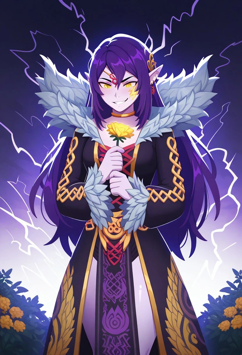 masterpiece, best quality, highres, (solo female, Dark Queen Merlina, pale light purple skin, long lavender hair, glowing yellow eyes, purple symbol on cheek, black dress, black long skirt, feather ruffles on wrists and shoulders, gold trimming on skirt, holding flower, somber look, evil grin, garden, floating, thunder storm, thunder around her, dark sky, medium breasts, curvy, thick thighs), smooth lighting