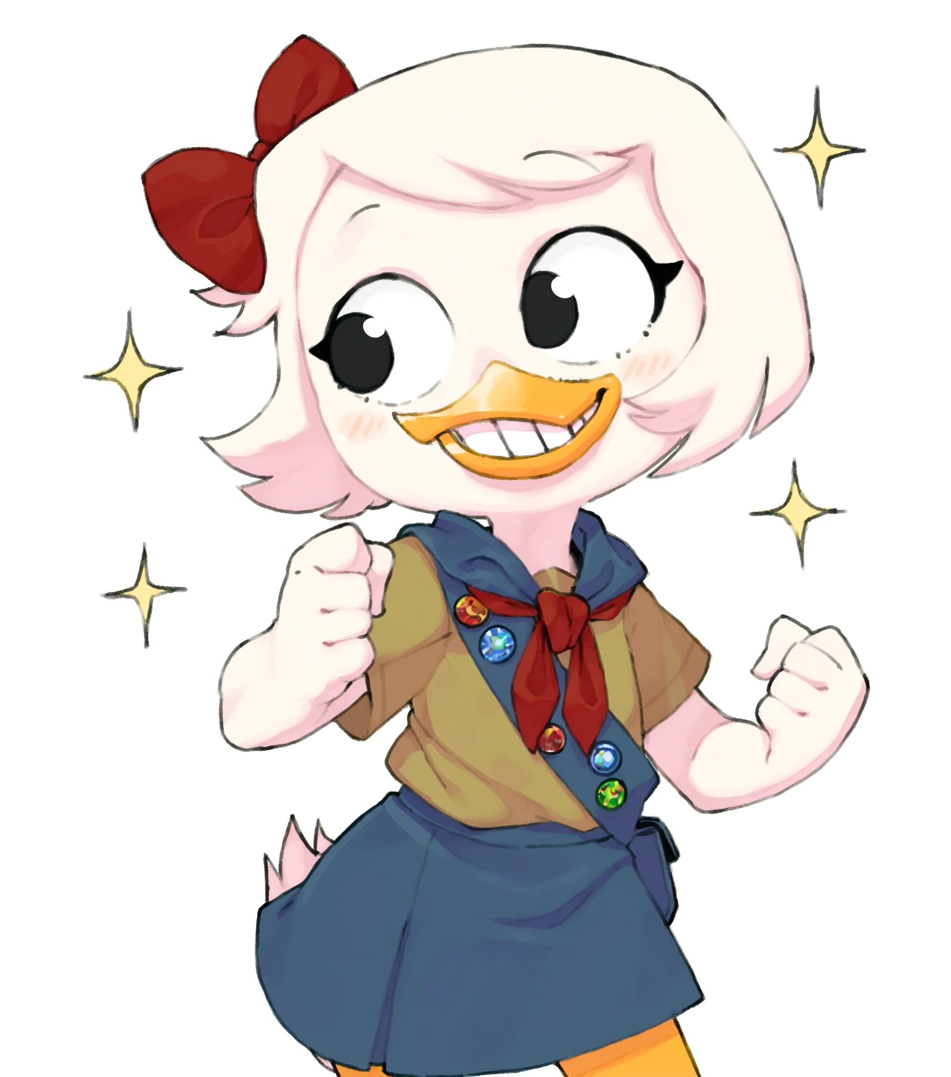 (masterpiece) artist:kame 3, artist:tabuley, white background, solo, webby vanderquack, duck, beak, young, scout uniform, sash, pin, clenched hand, proud, sparkle, clenched teeth, red neckerchief, smile, blush, black eyes, \(fastener\), skirt, <lora:Webby Vanderquack V1 Noob:0.8> <lora:PEAK Boyscouts V1 NOOB:0.7>