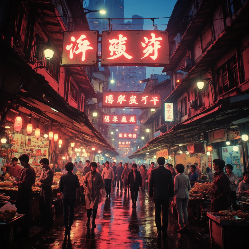A majestic wide shot captures the electric atmosphere of a bustling night market in Kowloon City, Hong Kong, circa 1980s. Neon signs in traditional Chinese characters glow vibrantly, casting reflections on the wet ground. The air is thick with the aroma of street food – sizzling satay, steaming dim sum, and sweet egg waffles. Dense crowds of locals and tourists weave through narrow aisles, haggling with street vendors selling everything from pirated cassettes to silk garments. Dilapidated tenement buildings with laundry hanging from balconies loom overhead, contrasting with the vibrant ground-level activity. The constant din of chatter, hawkers' calls, and distant traffic creates a truly immersive and chaotic yet captivating ambiance, c0mix2