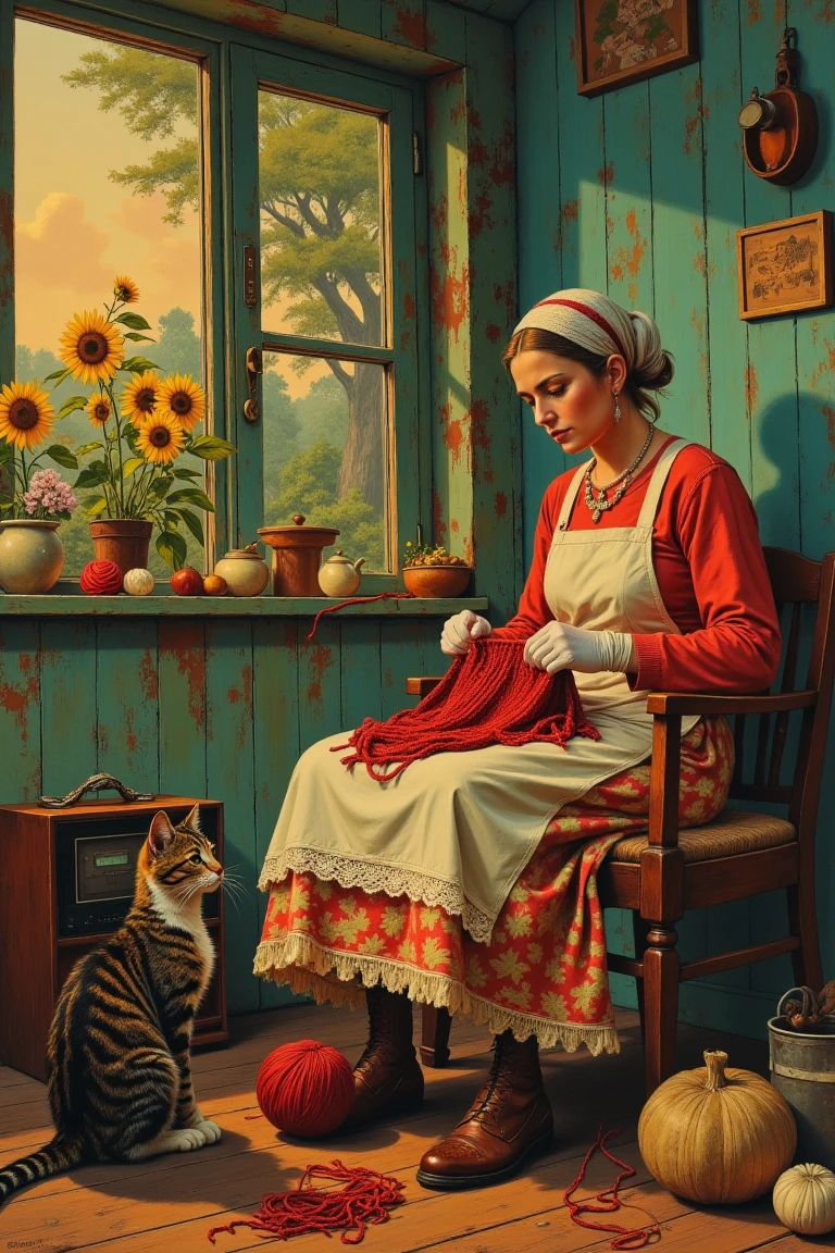 Oil on canvas, 1966 USSR dacha: warm sepia dusk, peeling turquoise porch, babushka in wool kerchief and floral sarafan, birch needles click-clicking a crimson sweater. Striped tabby cat, white mittens batting the yarn ball, tugs a crimson strand across her lap; lace-edged apron flutters. Sunflowers lean beyond the fence, radio faintly plays “Podmoskovnye Vechera,” and the air glows with fresh bread and lilac, c0mix2
