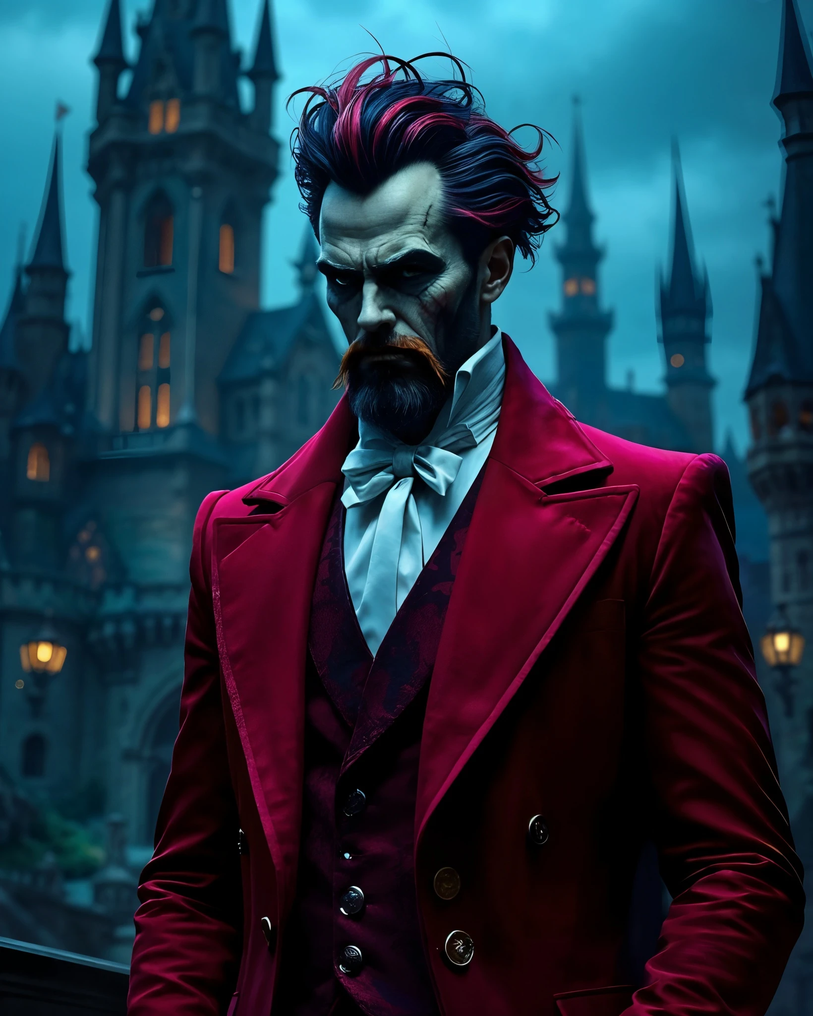 A man with striking features stands in front of a gothic castle. He has dramatic hairstyling with black and pink streaks, sharp cheekbones, and a sculpted beard. Dressed in an elaborate red coat with a high collar, the coat is complemented by a dark vest and a white bow tie. His intense expression and dark makeup give him a mysterious, theatrical appearance. The background features dark skies and distant castle turrets, enhancing the ominous atmosphere.