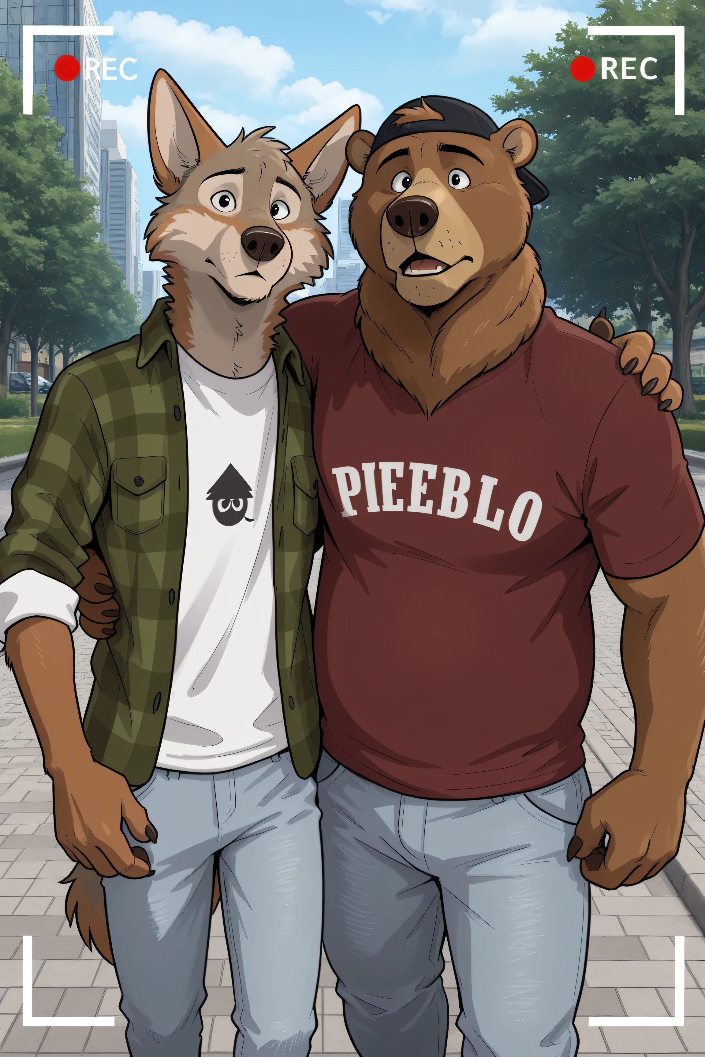 detailed background, dynamic angle, dynamic poses, duo, 2boys, ((arm movement)), looking at viewer,  indoors, bedroom scenery, dynamic arm pose, accurate bedroom scenery, detailed background, detailed scenery, masterpiece, standing next to each other, arm around another, couple, getting picture taken in city park, park, grass, trees, sidewalk, BREAK  A5ch3s, A5ch3s, devon, bear, red shirt, PUEBLO text on shirt, baseball cap, blue pants, black eyes, BREAK  A5ch3s, Cameron, coyote, green jacket, white shirt with black tree, light blue pants, black eyes, 4k resolution, 8k resolution, best quality, very aesthetic, newest, masterpiece, best quality, amazing quality, very aesthetic, absurdres, newest, high res, ultra detailed, best quality, best artwork, detailed eyes, (eyes focus), perfect eyes, big iris, pupils shown, white dot on eye, perfect cartoon animated eyes, visible clear eyes, 4k, ultra quality, perfect face, absurdres,masterpiece,best quality,amazing
