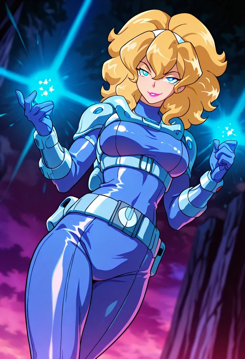 LadyLunaTS, 1girl, solo, tall woman, blonde hair, thick voluminous hair, shoulder-length wavy hair, bangs, bangs covering forehead, white headband with blue stars, blue eyes, full lips, pink lipstick, purplish-blue spacesuit, jetpack, belt, armor, wide hips, large breast, curvy thighs, large butt, boots, gloves, bodysuit,
masterpiece, best quality, fine details, intricate details, depth of field, subsurface scattering, bokeh, ultra-detailed, very aesthetic, detailed background, newest, scenery, highres, absurdres, colorful, vibrant, glowing, perfect face, 2d, perfect eyes, vibrant saturated colors, volumetric lighting, sharp, detailed eyes, perfect anatomy, perfect face, perfect eyes, mature body, clear eyes, beautiful eyes, athletic, curvy body, athletic girl, perky tits, perfect tits, round breasts, pinup pose, teasing, lustful expression, perfect hands,
muscular female, dutch angle, dynamic pose,
,Smooth Negative, Smooth_Quality,
dark_fantasy_style, dark fantasy, retro,
