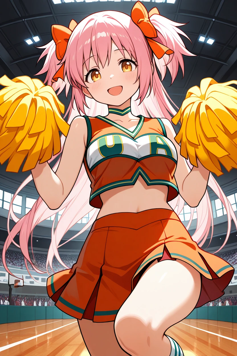 best quality, masterpiece, umadoka, 1girl, pink hair, yellow eyes, two side up, long hair, u.a. cheerleader uniform, orange crop top, green clothes writing, green choker, orange pleated skirt, , basketball court, indoors, crowd, looking at viewer, :d, cheering, knee up, holding pom pom \(cheerleading\), orange bow <lora:UltMadokaIllus:1>   <lora:UACheerIllus:1>