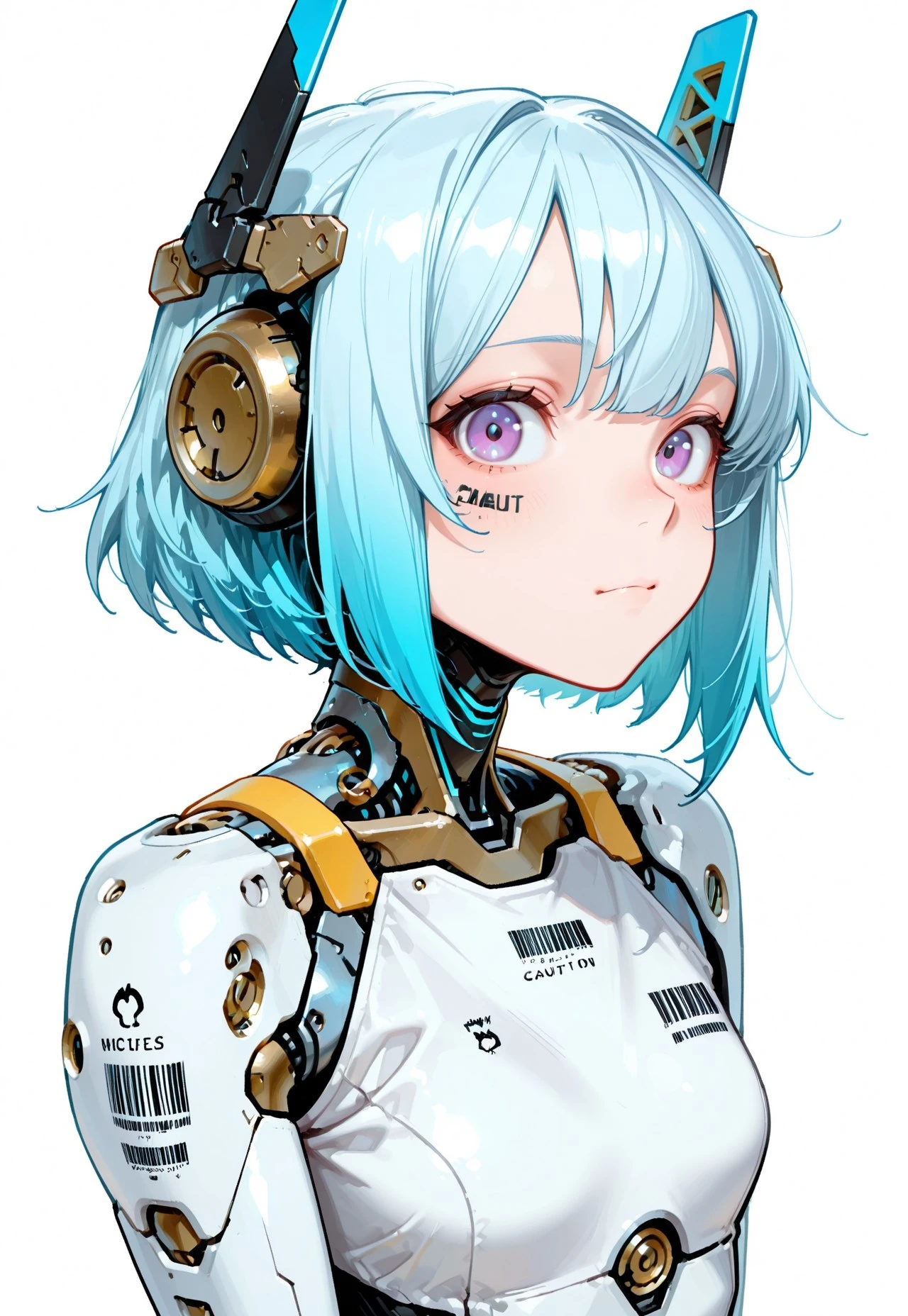 score_9,(masterpiece, best quality, dynamic angle),8k,1girl,18 years old,humanoid,cute,kawaii,short hair,white to blue hair,big eyes,eyes detail,(close-up face),looking viewer,bright purple eyes,
BREAK
mechanical skin,mechanical head gear parts,mechanical arms
BREAK
parts color of white,
BREAK
small industrial decals on body panels with numbers and barcodes and caution mark,
BREAK
white wallpaper background,pencil sketch style, lineart, hand-drawn style, simple background, no gradients, soft edges,no contrast,