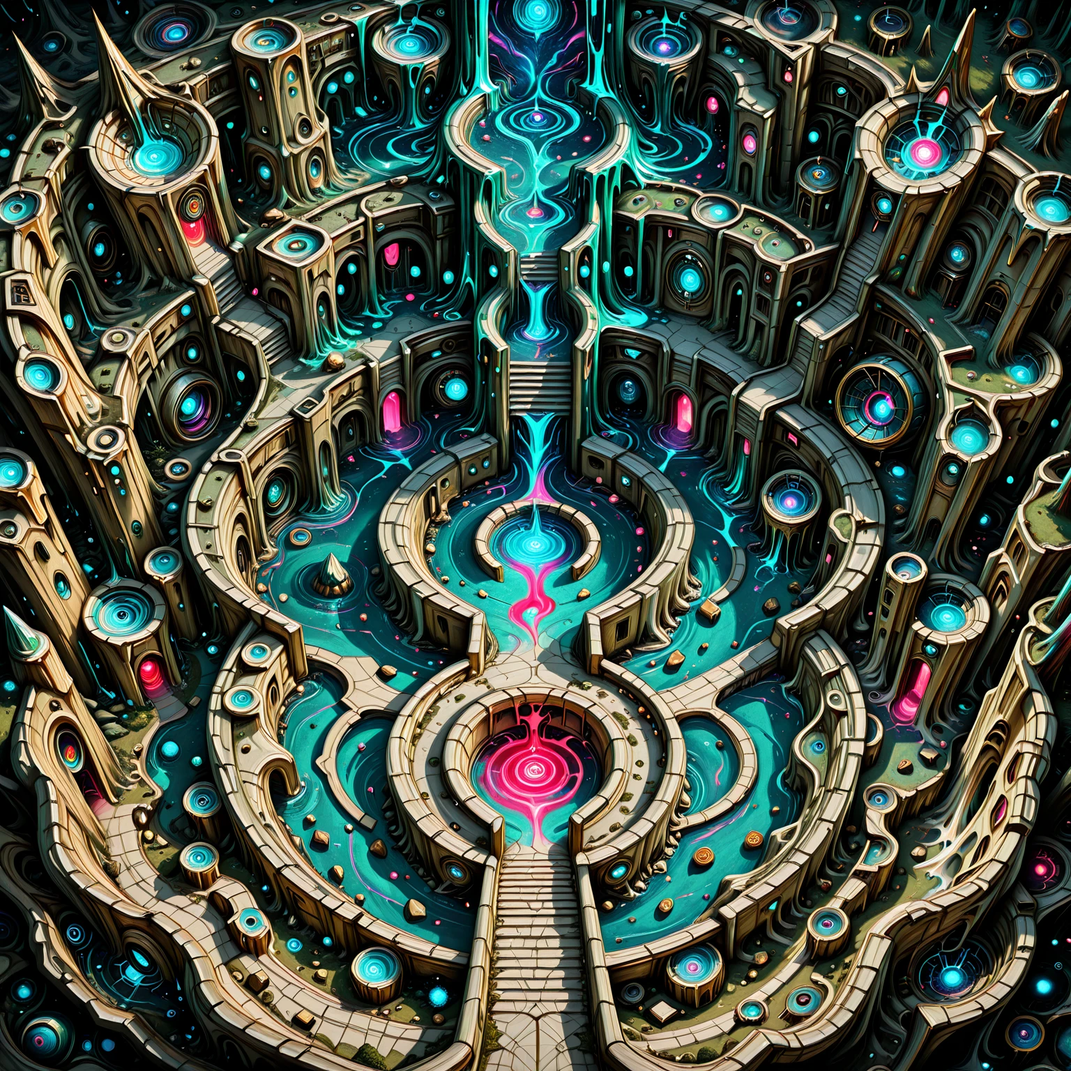 masterpiece, high quality, best quality, <lora:mapcraft_il_v1:1> mapcraft, battle map, top-down view, from above, no humans, highly detailed, exterior, landscape, outdoors, surreal dreamscape, floating rocks, melting clocks, oversized flowers, Salvador Dalí, glowing stairs <lora:Lucid_Tides:0.5> Lucid Tides, surreal, trippy, psychedelic, abstract, dreamlike, ethereal, vibrant colors, high contrast, vivid imagery, distorted perspective