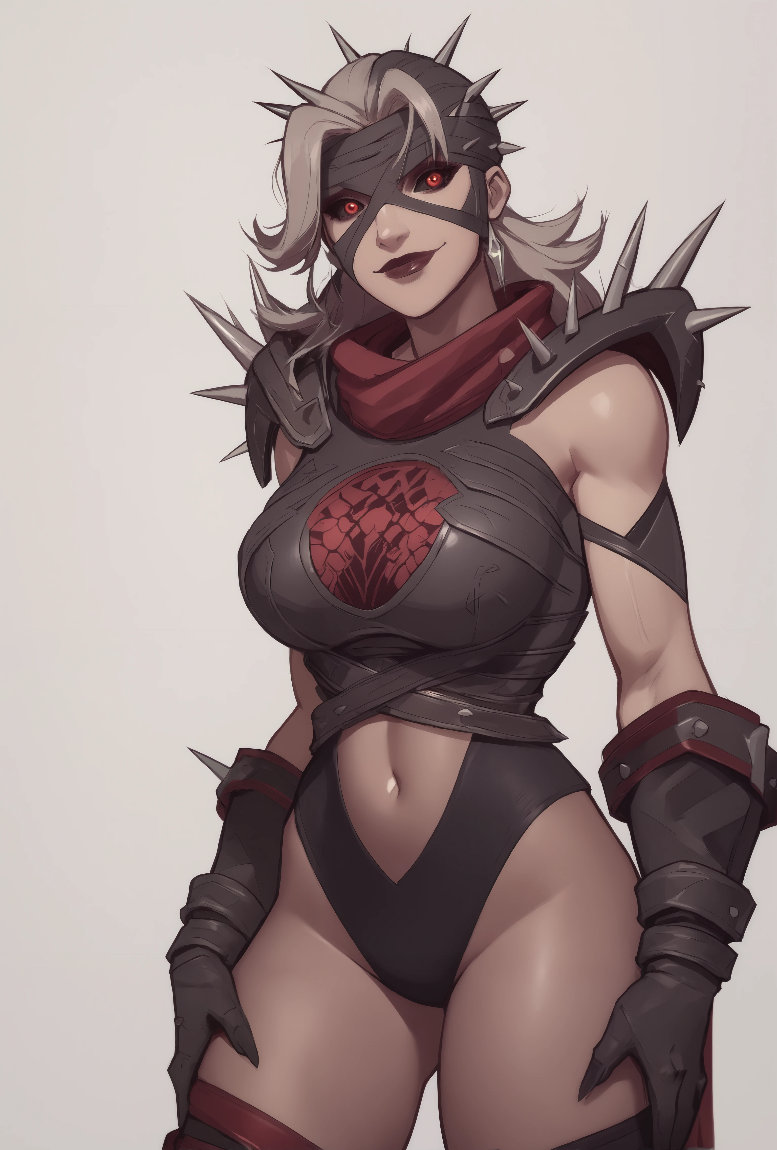 score_9, score_8_up, score_7_up, score_6_up,invis_gotonai, invis_gotonai_malice,red eyes, black sclera, grey hair, mask, breasts, spikes, highleg, (pantyhose:1.1), navel, legwear, gloves,, cowboy shot, looking at viewer, (large breasts:1.2), standing, white background, simple background, <lora:AsuraLycoXL:0.6>  <lora:PhilBourrassaXLLocon:0.8>, looking at viewer, smile, standing, hands on thighs, sexy, sexy pose,, wiry body, slender body, <lora:invis_malice_pony:1>