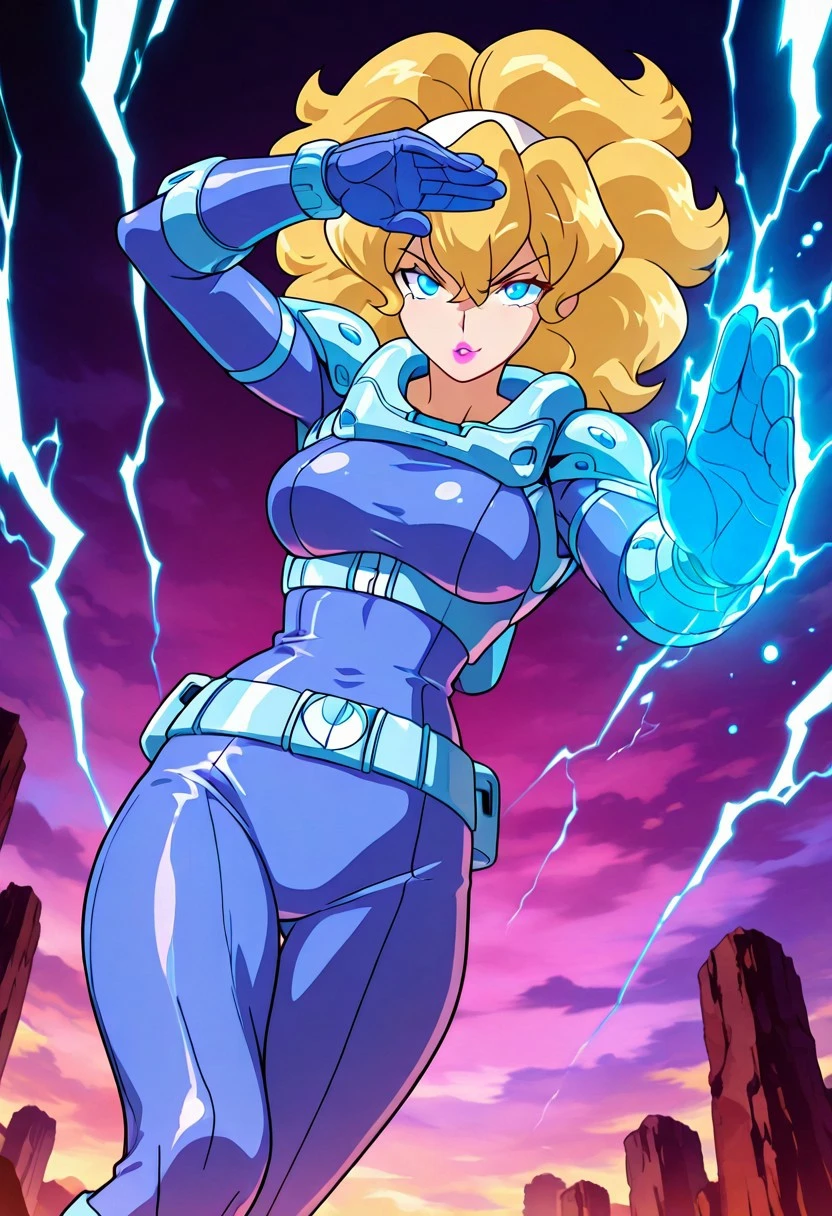 LadyLunaTS, 1girl, solo, tall woman, blonde hair, thick voluminous hair, shoulder-length wavy hair, bangs, bangs covering forehead, white headband with blue stars, blue eyes, full lips, pink lipstick, purplish-blue spacesuit, jetpack, belt, armor, wide hips, large breast, curvy thighs, large butt, boots, gloves, bodysuit,
masterpiece, best quality, fine details, intricate details, depth of field, subsurface scattering, bokeh, ultra-detailed, very aesthetic, detailed background, newest, scenery, highres, absurdres, colorful, vibrant, glowing, perfect face, 2d, perfect eyes, vibrant saturated colors, volumetric lighting, sharp, detailed eyes, perfect anatomy, perfect face, perfect eyes, mature body, clear eyes, beautiful eyes, athletic, curvy body, athletic girl, perky tits, perfect tits, round breasts, pinup pose, teasing, lustful expression, perfect hands,
muscular female, dutch angle, dynamic pose,
perspective, dreamlike atmosphere, abstract background, flying, speed lines, motion blur, reaching towards viewer, dynamic pose, fighting pose, lightning effect on punch, cyborg goddess in cosmos, roundhouse kick, very flexible girl, kick, powerful aura,
,Smooth Negative, Smooth_Quality,
dark_fantasy_style, dark fantasy, retro,