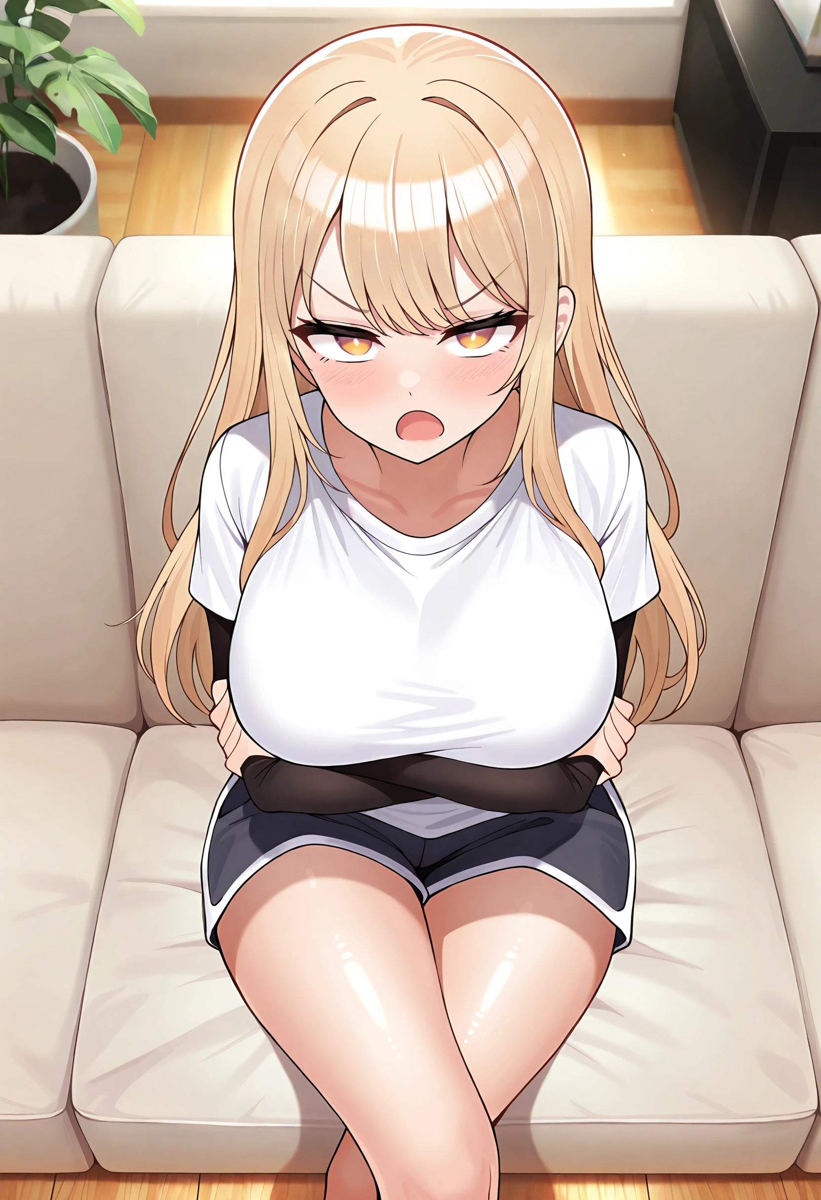 masterpiece, highest quality, High resolution, kitagawa marin sb, From above, 1 girl, blonde, Long Hair, Colorful Hair, Red eyes, jewelry, Earrings, Earrings, in bra, lace black panties,(Showing panties:1.3), (Spread your legs), Sexy pose,  (squat :1.5), Seductive pose, (put your hand inside your panties),  Sweat, blush, Narrow eyes, Open your mouth, Her Room