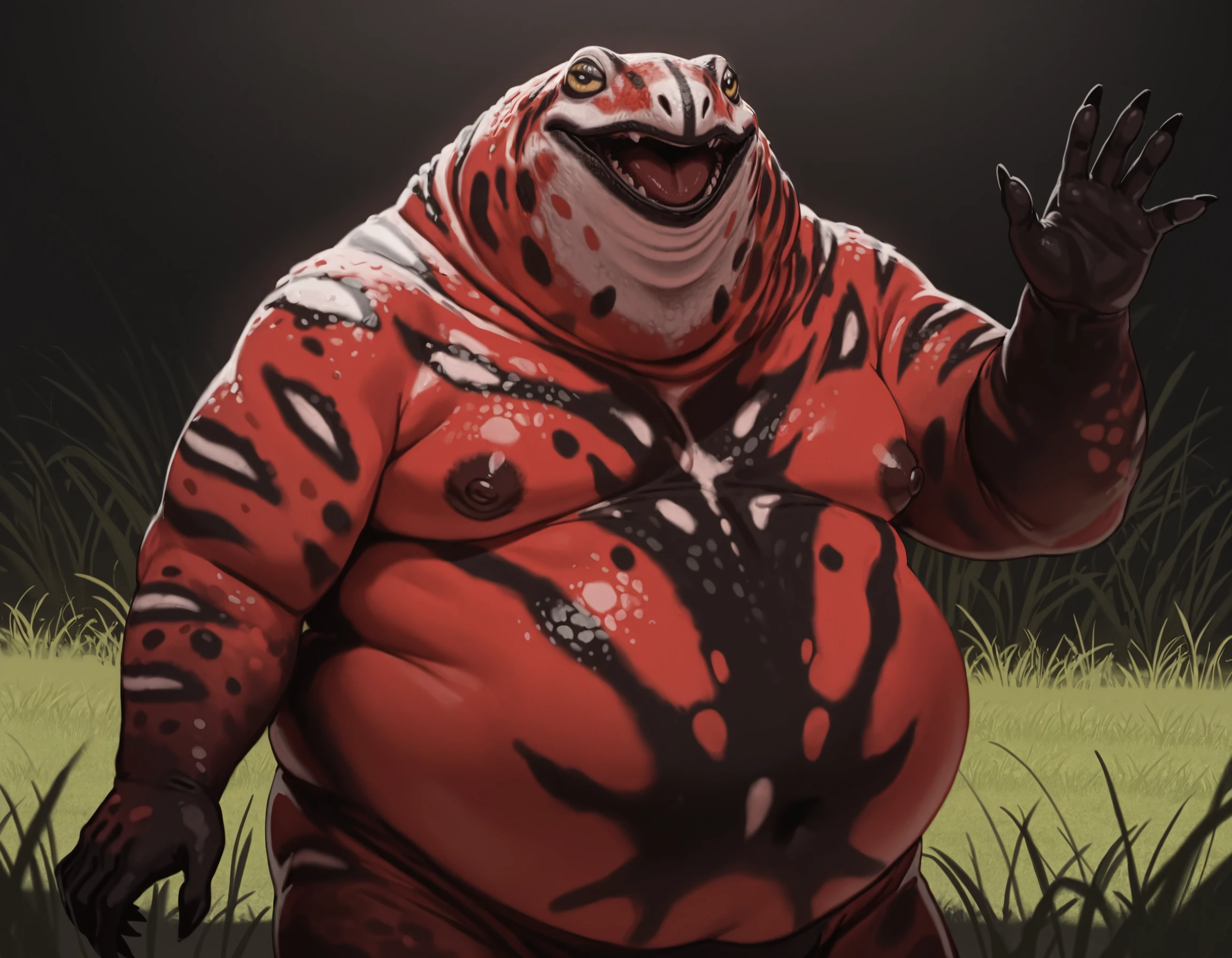 ultra detailed), a beautiful and detailed full size portrait of a male t rex, dinosaur, reptile, ((orange body, yellow skin, muscular anthro, buff, big pecs, fat, obese, scar)), non-mammal breasts, close up view, front view, big body, sexy body, goddess, wide hips, kenket, Ross Tran,ruan jia, trending on artstation,foxovh, cenematic lighting, high angle view, (((loincloth only, standing, seductive, smile, teeths)), looking at viewer, detailed forest background,