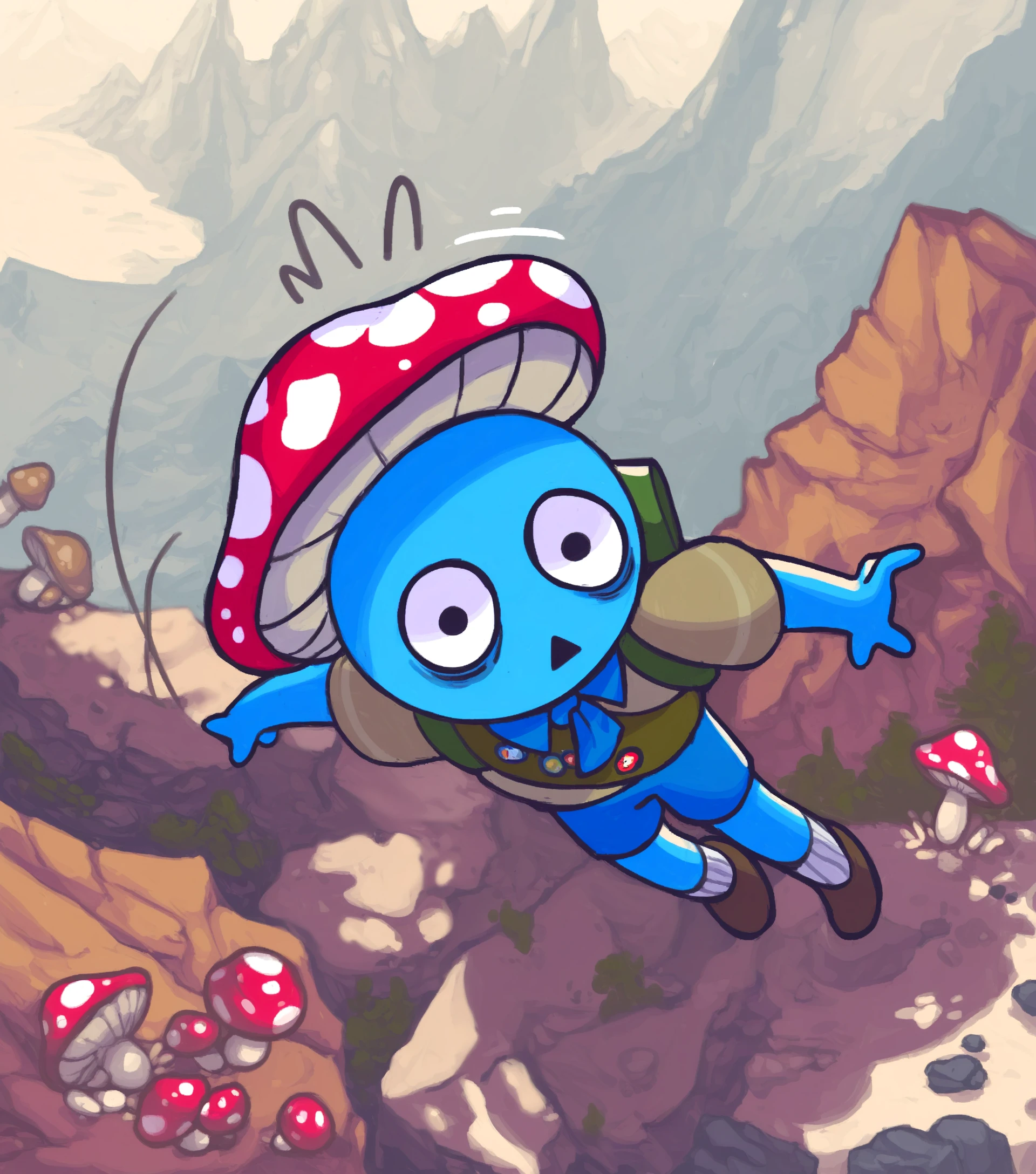 (masterpiece) artist:superiorfox, outdoors, mountain, rock, from above, detailed background, scouts \(peak\), solo, boy scout, scout uniform, backpack, sash, blue body, dot eyes, bags under eyes, triangle mouth, falling, motion lines, clothed, blue shorts, mushroom hat, ascot, socks, shoes, clothing, male, humanoid, <lora:PEAK Boyscouts V1 NOOB:0.8>
