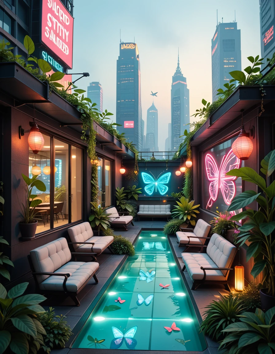 A hidden rooftop garden sanctuary in the heart of a sprawling cyberpunk metropolis, surrounded by towering skyscrapers and glowing neon billboards. The garden is lush and overgrown with bioluminescent plants, hydroponic vines, and high-tech greenhouse structures made of glass and chrome. Soft ambient lights line the walkways, and digital butterflies flit among the foliage. Futuristic benches, glowing koi ponds, and hanging lanterns create a tranquil atmosphere above the chaotic city below. The sky is hazy with smog, illuminated by distant flying vehicles and holographic ads. No people are present.hidden rooftop garden s4nctu4ry,  <lora:hidden_rooftop_garden_s4nctu4ry-p:1>,score_9, score_8_up, score_7_up,amazing quality, ultra realistic, 3D, HD, best quality, amazing quality, very aesthetic, absurdres