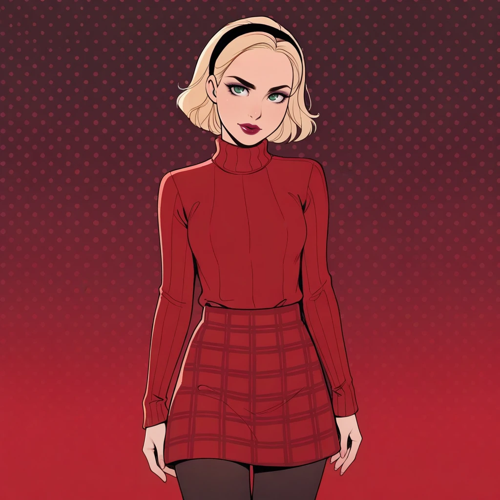 masterpiece, best quality, sabrinaspellman, 1girl, solo, blonde hair, short hair, green eyes, lipstick, headband, red turtleneck sweater, red plaid skirt, black pantyhose, cowboy shot, <lora:SabrinaSpellman_illustrious_Leaf1:1>, gradient background, polka dot background, flat color,