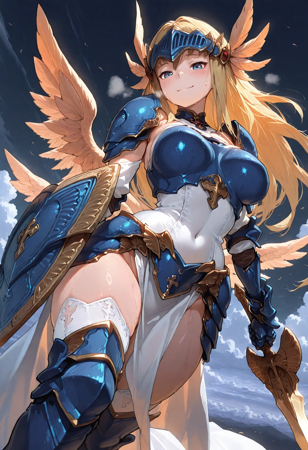 ((highest quality)), ((masterpiece)), ((hyperrealistic)), (detailed background), solo, 1girl, ((curvy: 1.2)), kawaii, female knight with a spear, ((armored dress)), langrisser, blonde braided long hair, Ahoge, (paladin armor), ((Tight-fitting leotard bodysuit)), ((large breasts)), ((arm guard gauntlet)), metal harness breastplate, belt waist armor, ((zettai ryouiki knee socks boots)), (big butt), (cleavage cutout), (Groin), (thighs), perfect cloak, beautiful aqua eyes, droopy eyes, perfect face, Perfect hands, perfect fingers, Blue sky and grassland, posing,