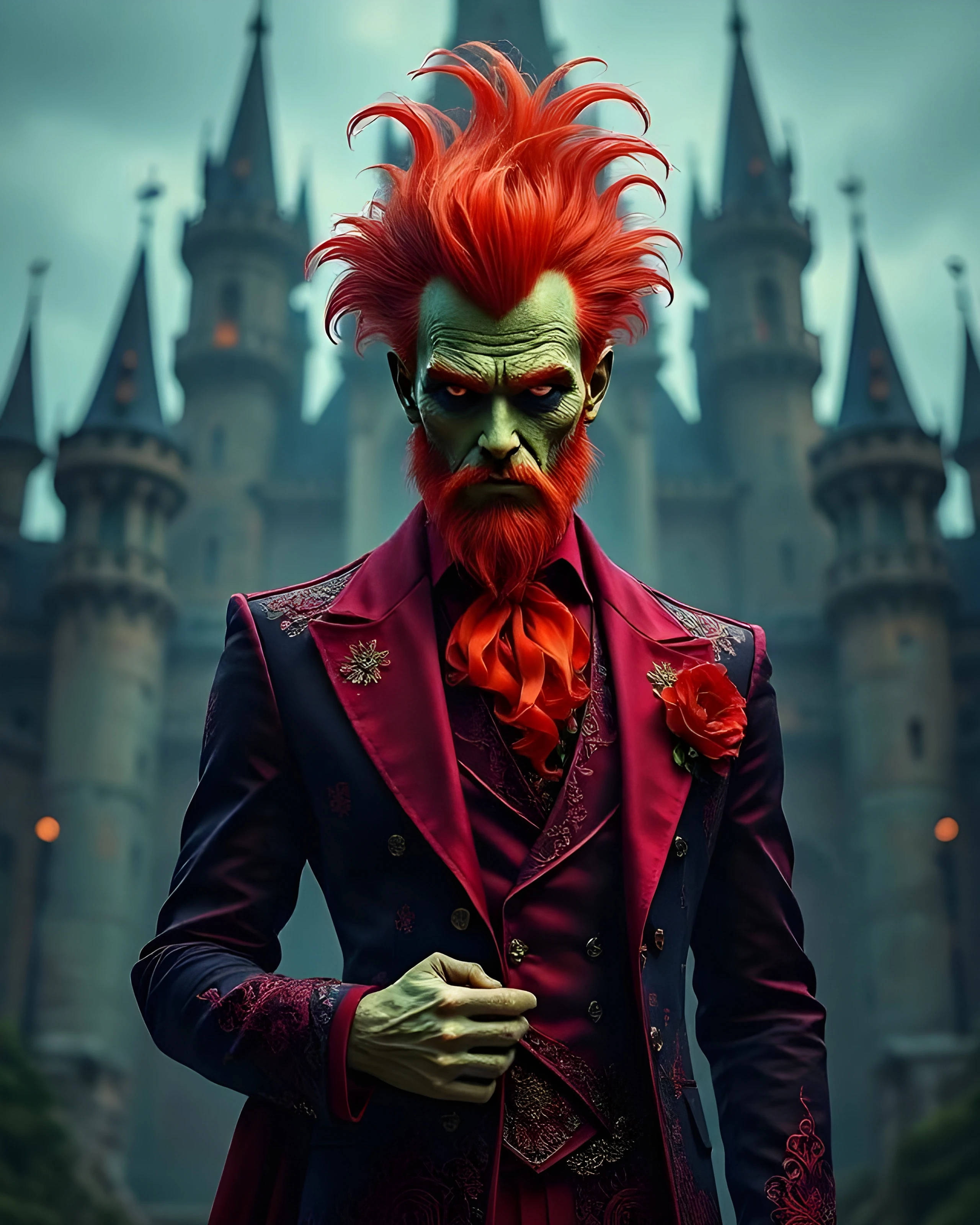 A menacing figure with bright red spiky hair and a matching beard stands confidently in front of a dark, gothic castle. His skin is a vivid green, contrasting sharply with his ornate, deep burgundy suit adorned with intricate patterns and a bright red rose on the lapel. The background features tall, pointed towers of the castle, shrouded in an ominous atmosphere, enhancing the character's sinister presence. The pose conveys authority and intrigue, making the figure appear both charismatic and threatening.