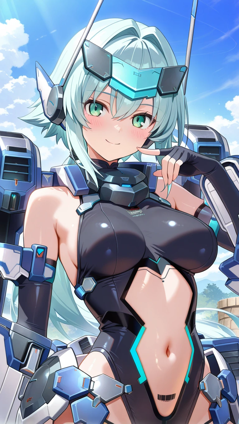 1girl, blue hair, breasts, huge breasts, bunny ears, rabbit ears, wide hips, blue eyes, short hair, very short hair, science-fiction, tech, futuristic, machinery, full body, neon trim, bikini, black bikini, light smile, shoes, sneakers, blue trim, pixie cut, glowing eyes
