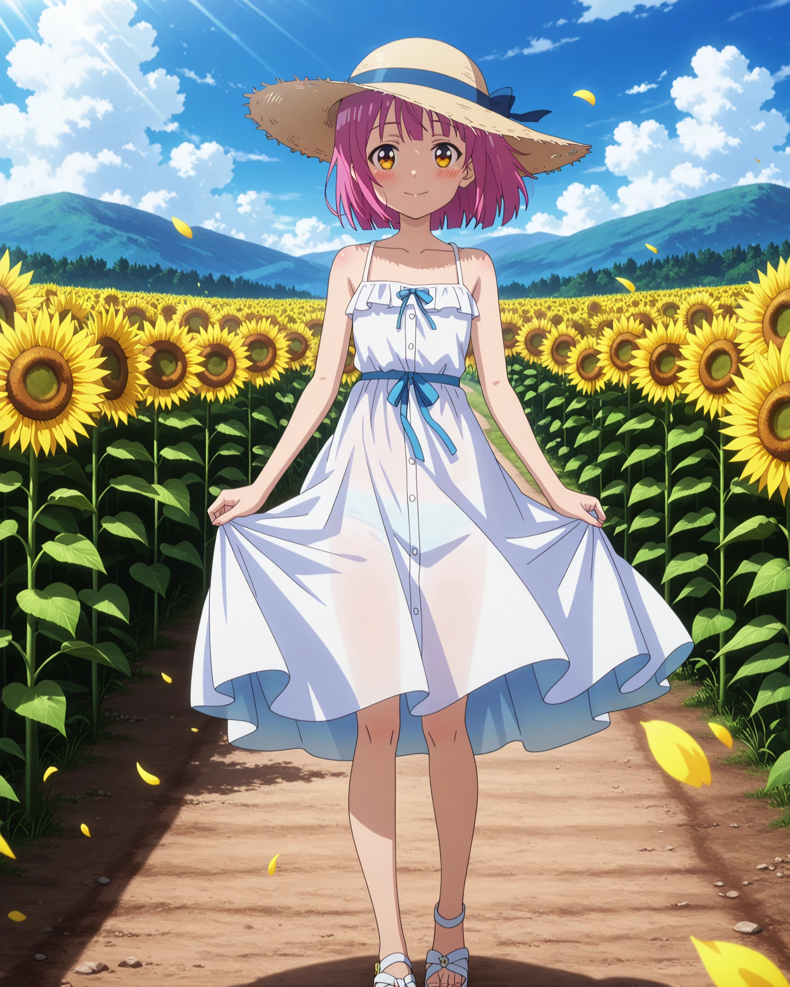 4k, ultra-detailed, absurdres, high resolution, soft natural lighting, cinematic composition, newest, (masterpiece:1.3), (best quality:1.3), (anime screencap:1.5),
highly detailed shading, soft shading, glossy skin, realistic proportions, petite, small stature, gentle smile, warm eyes, soft blush,
1girl, full body, standing pose, holding wide-brim sunhat, loose sundress, skirt flowing in breeze, looking at viewer, calm expression, relaxed posture, dress clinging slightly to body shape, one foot forward, sunlight reflecting on skin,
white sundress, large straw sunhat, ribbon on hat, simple sandals, subtle frills, soft fabric folds,
sunflower field background, golden blossoms surrounding her, blue summer sky, bright sun, soft clouds, petals in breeze, dirt path through field, peaceful countryside,
<lora:susamix010-pony:0.6> (anime coloring),
<lora:Obaa-nyan__SKET_Dance:1> obaanyan,
<lora:AddMicroDetails_Illustrious:0.3> addmicrodetails